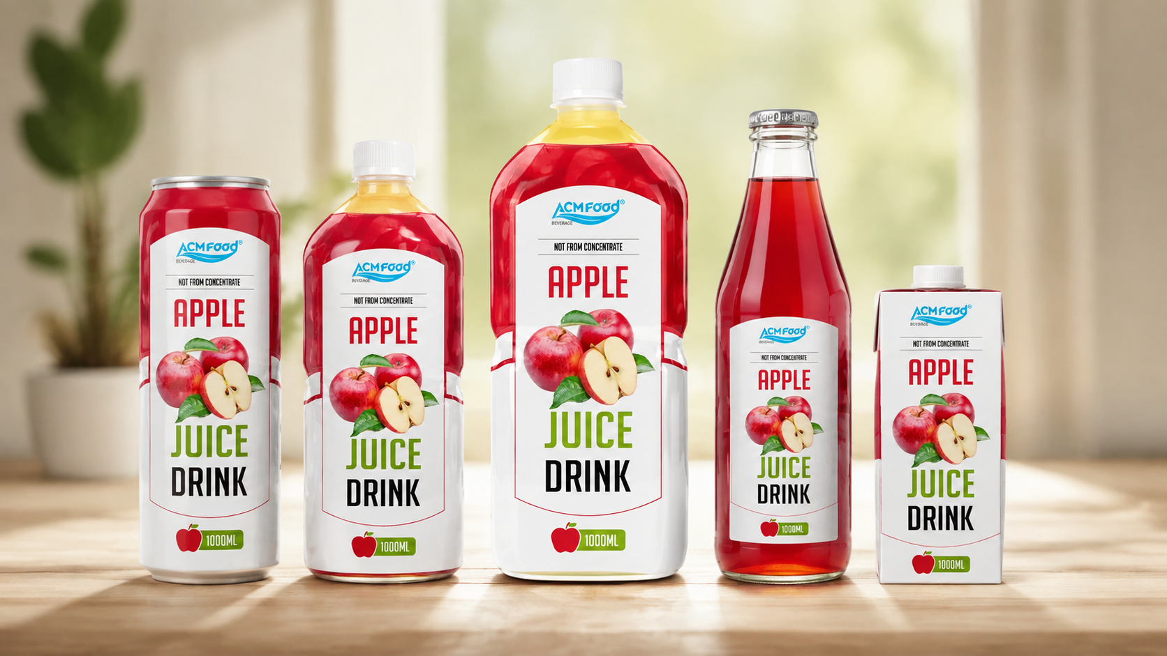 Beverage cans and bottles in different packaging formats arranged for a label design review, soft natural light, commercial photography, landscape composition