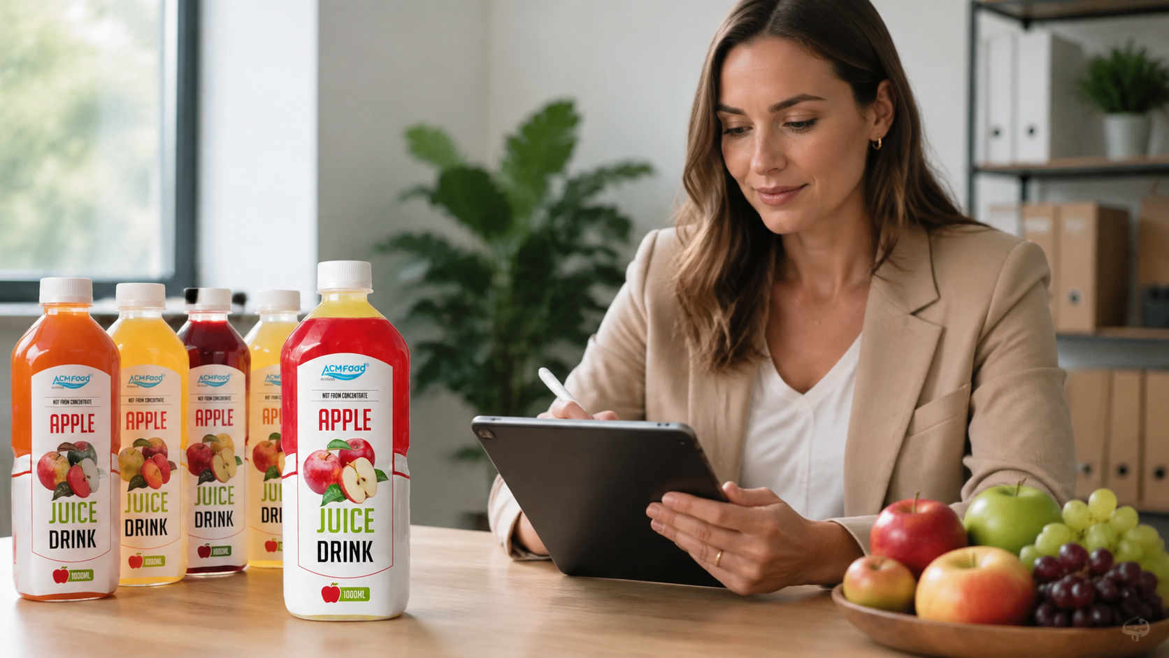Brand manager reviewing a private label beverage program checklist on a tablet next to product samples, natural office light, commercial photography, landscape composition