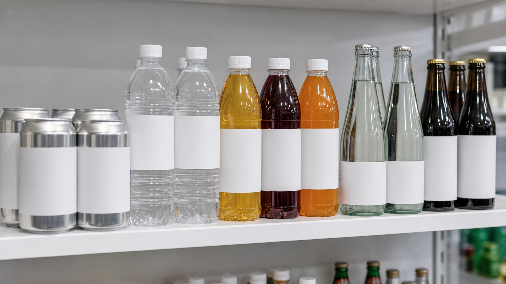 Assorted private label beverage cans and bottles arranged on a bright shelf