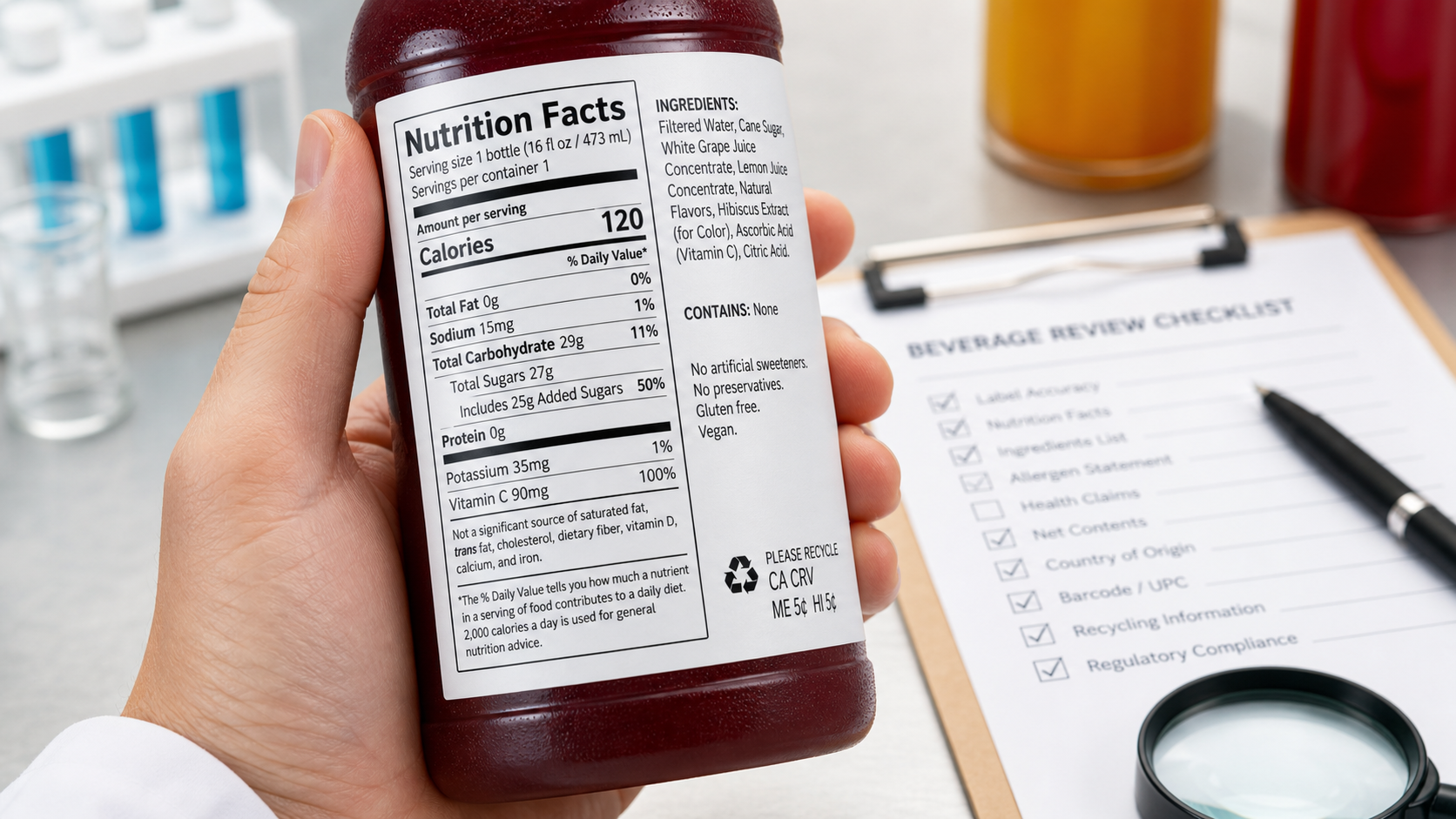 Close-up of nutrition facts label being reviewed on a beverage bottle