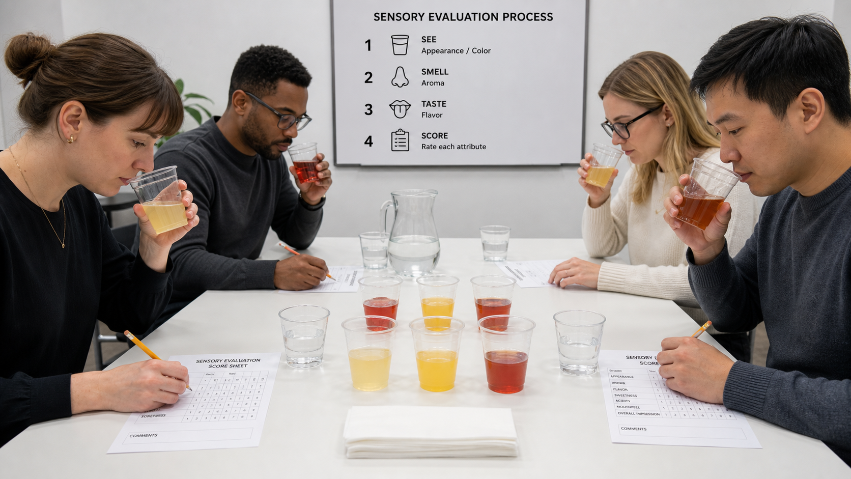 Team tasting private label beverages in a controlled sensory evaluation room