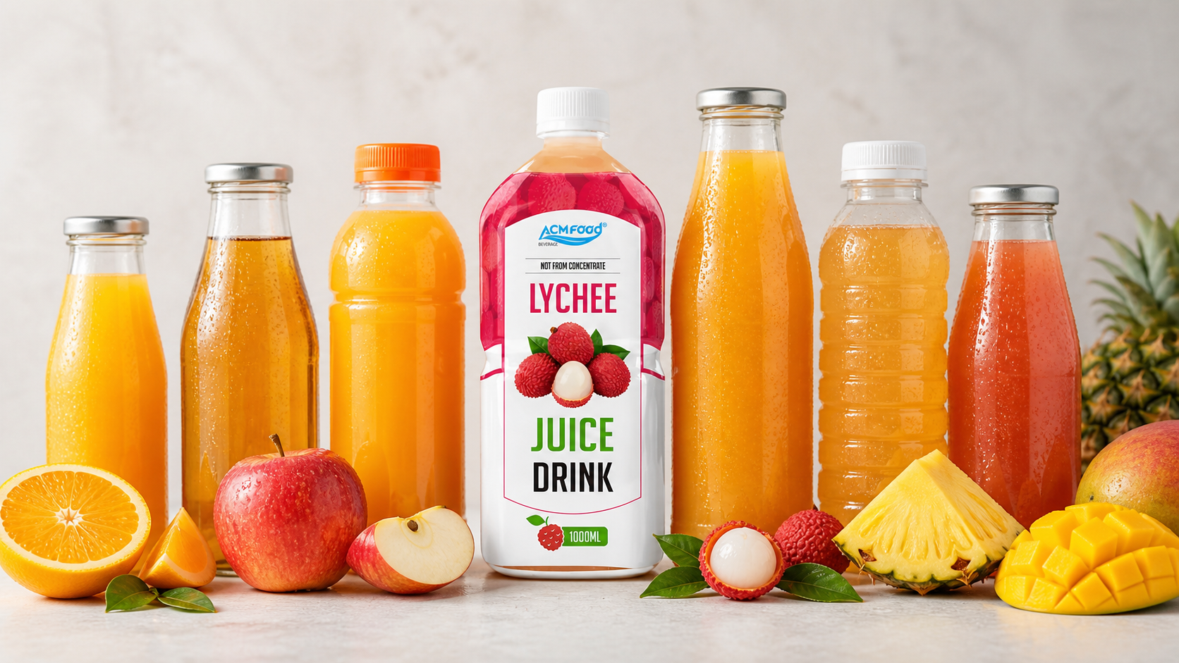 Assorted fruit juices in glass and PET bottles with fresh fruits nearby