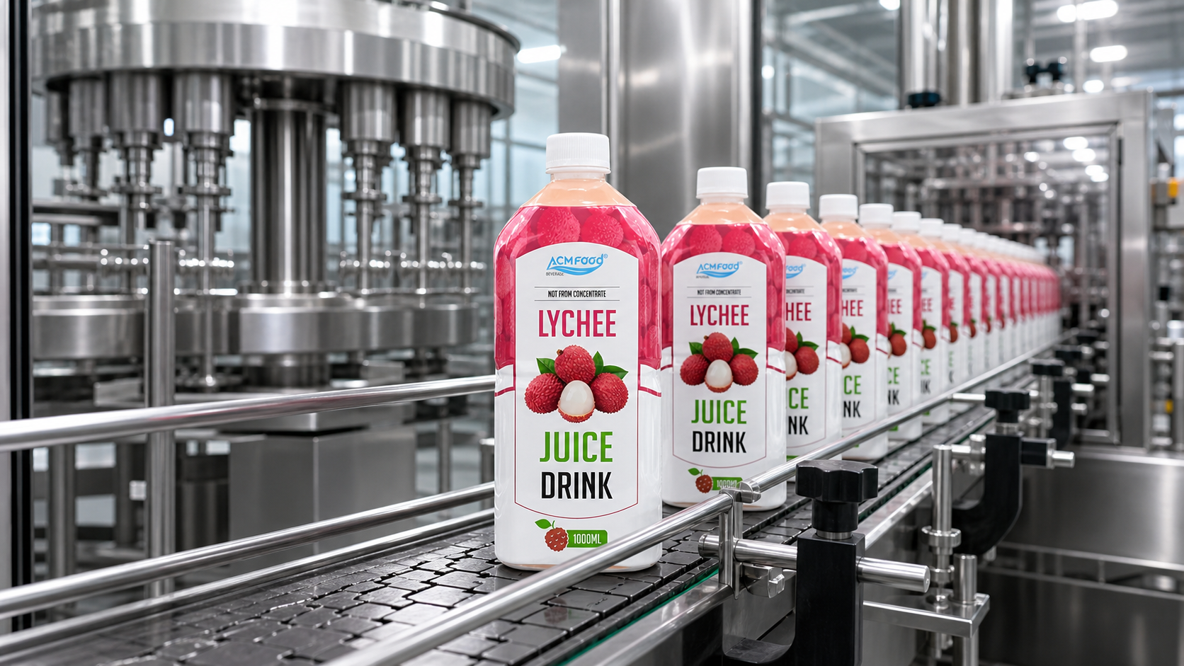 Aseptic juice filling line with PET bottles moving through stainless equipment