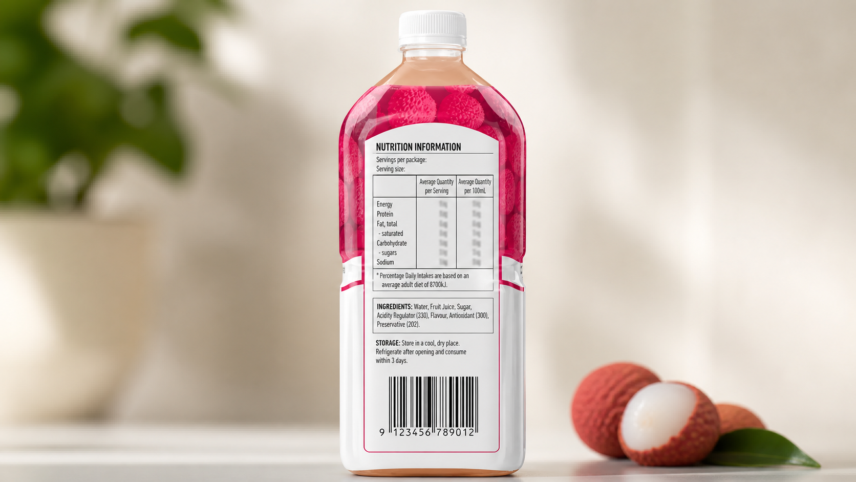 Close-up of nutritional label and barcode on a bottled fruit juice