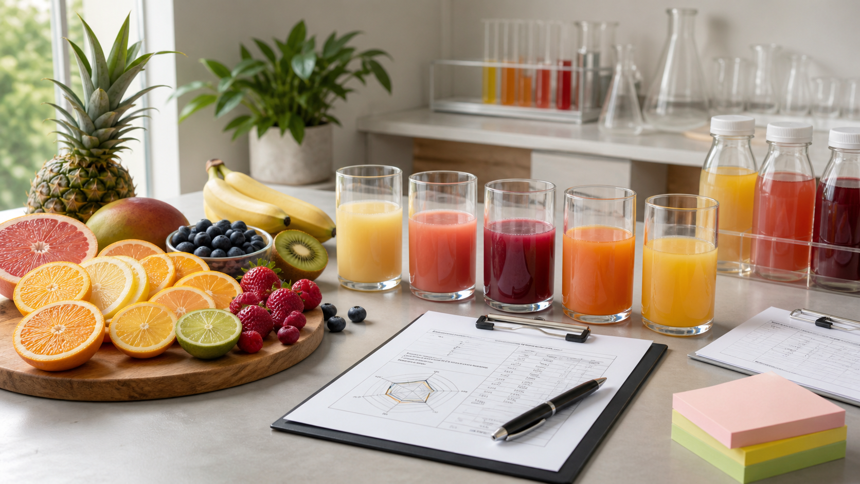 R&D desk with fresh fruits, juice samples and product specification sheets