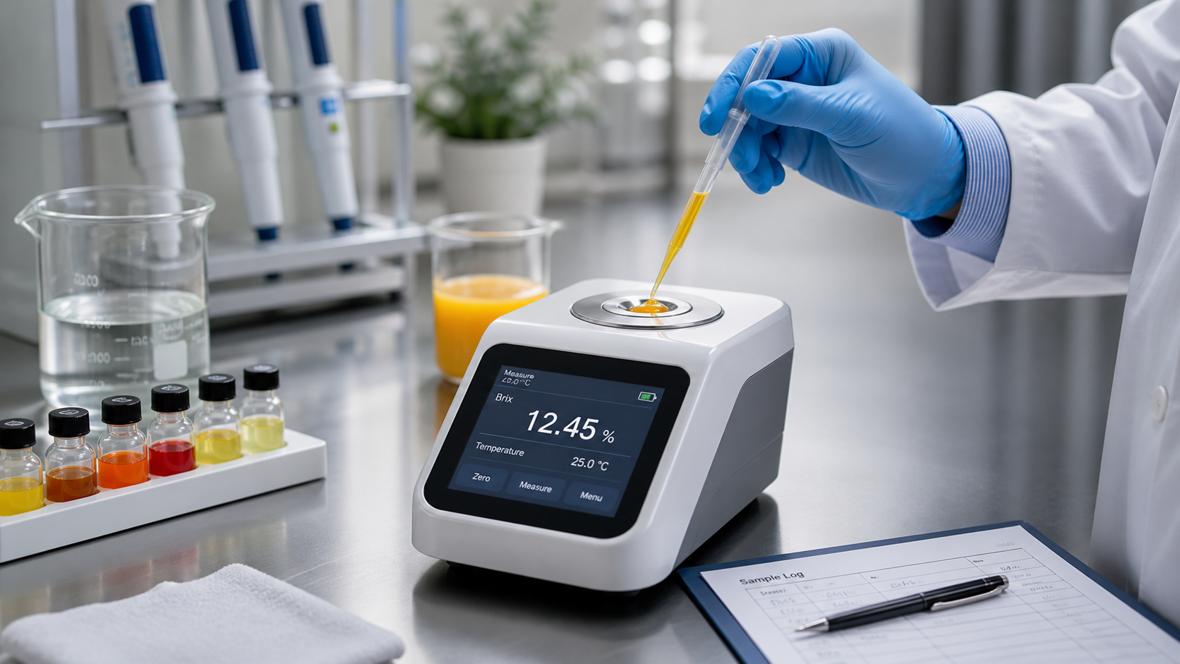 Lab technician using a digital refractometer to measure juice Brix precisely