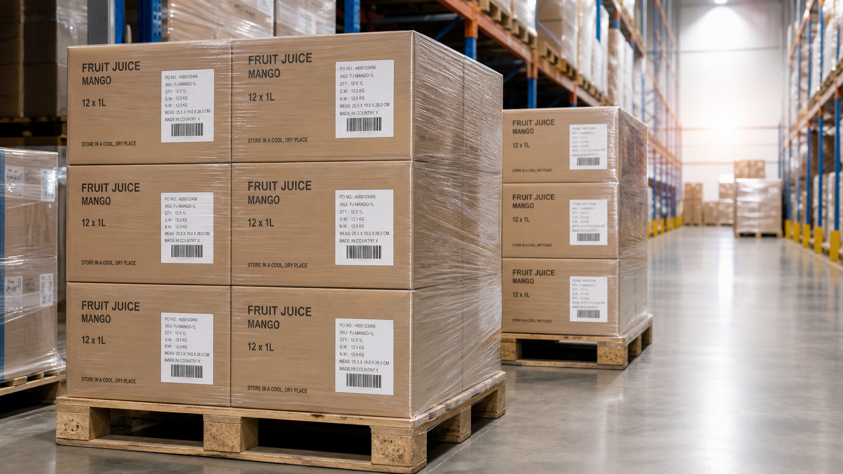 Palletized cartons of private label fruit juice ready for export shipment