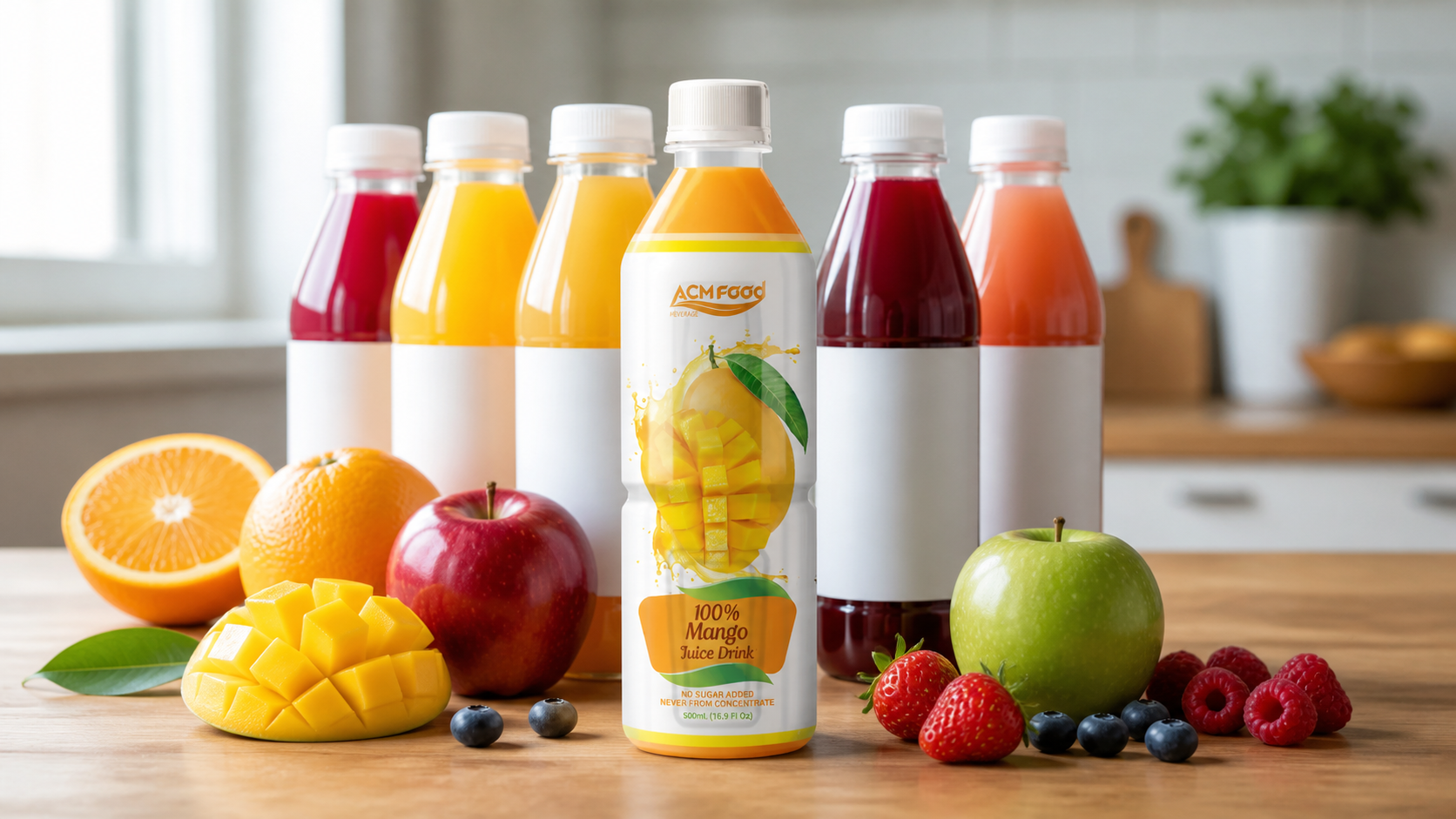 Assorted fruit juices in blank-labeled bottles beside fresh fruits