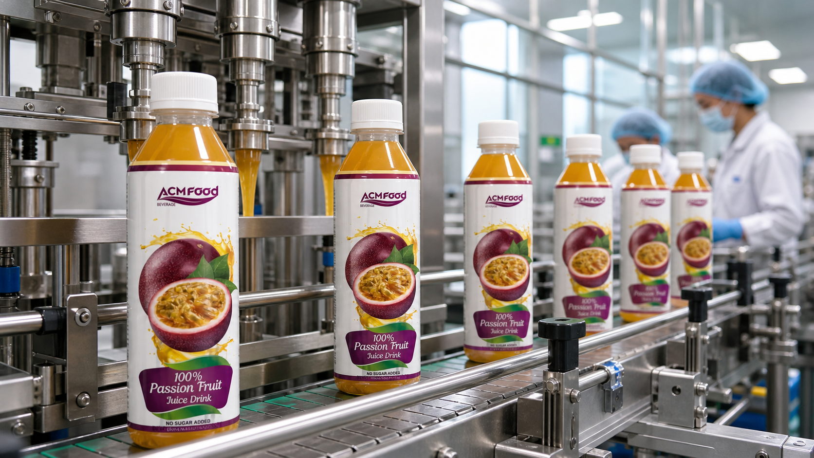 Juice bottles on a stainless filling line inside a beverage plant