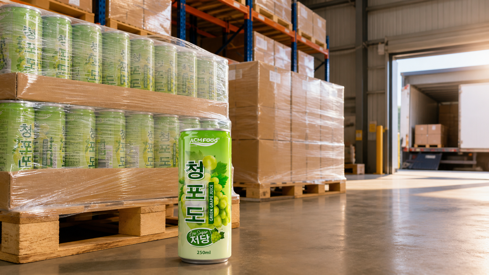 Palletized cartons of fruit juice wrapped and staged for export