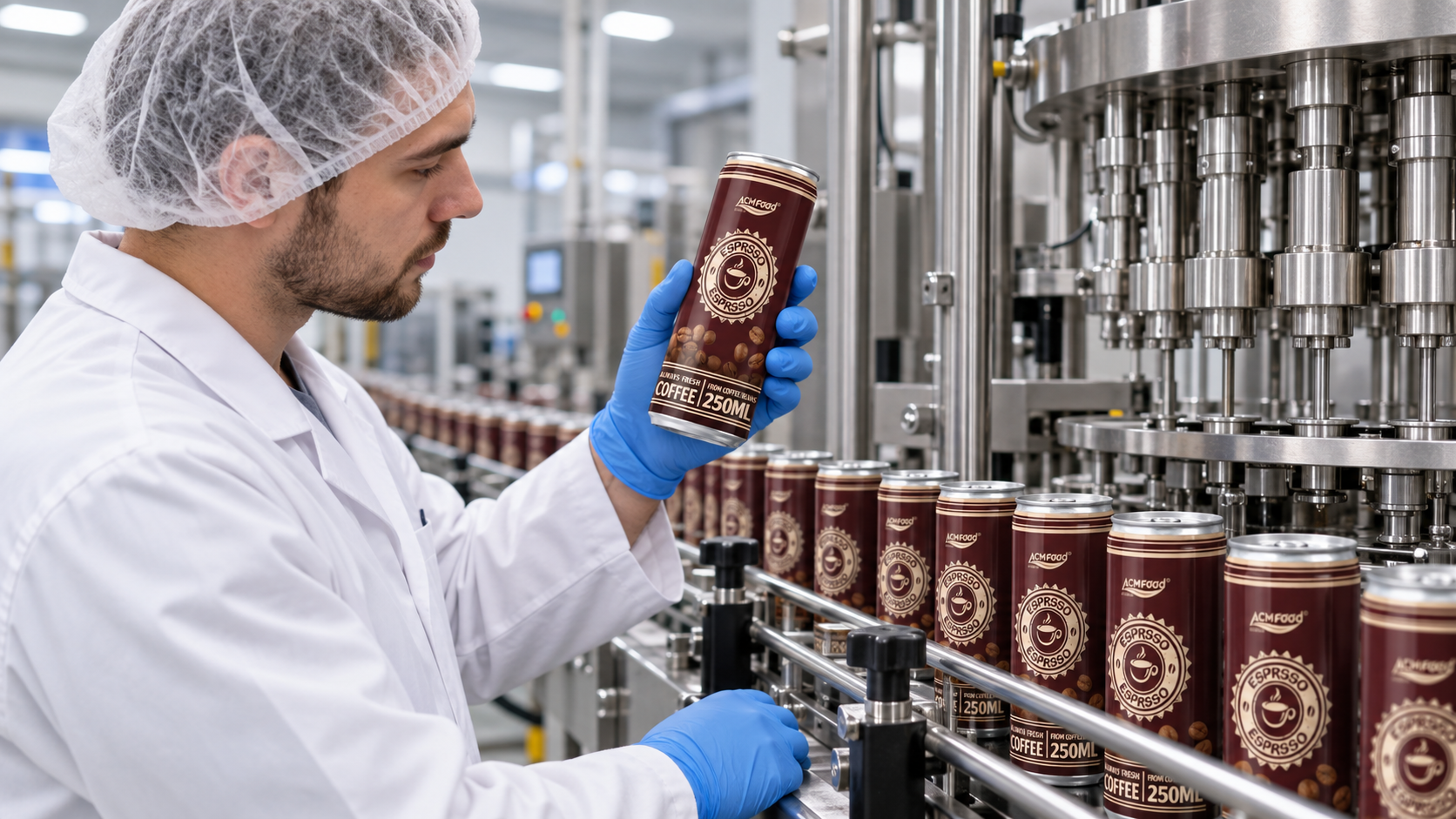 Stainless steel beverage filling line running aluminium cans through a filler in a clean production hall, an operator in a white coat and hairnet checking a single can at the conveyor, cool neutral overhead lighting, realistic proportions, commercial industrial photography, landscape composition