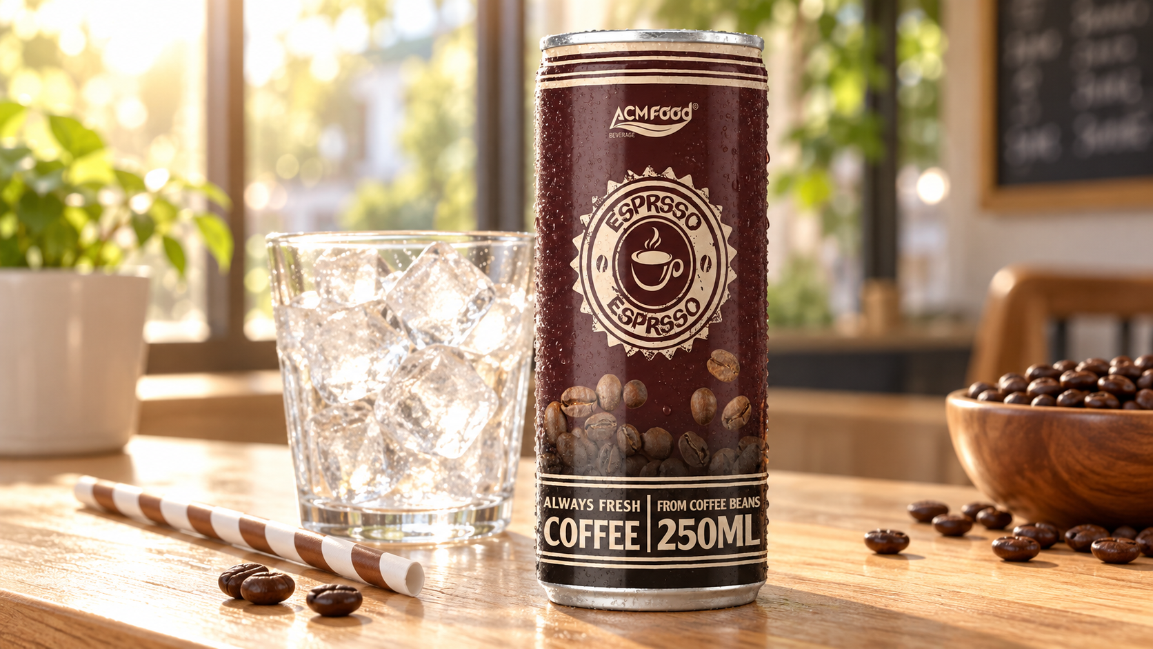 Chilled canned iced coffee standing on a light wooden cafe counter beside a glass of ice and a paper straw, warm morning light entering through a window behind, natural condensation on the can, clean minimal styling, commercial food photography, landscape composition