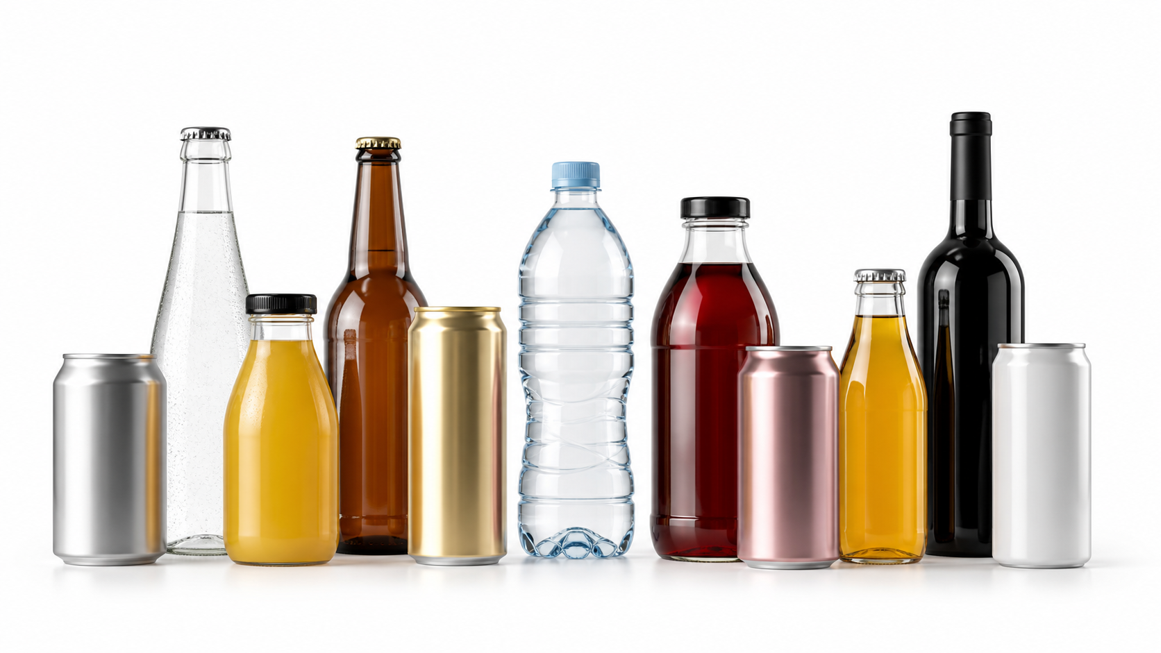 Unlabeled beverage bottles and cans ready for private branding