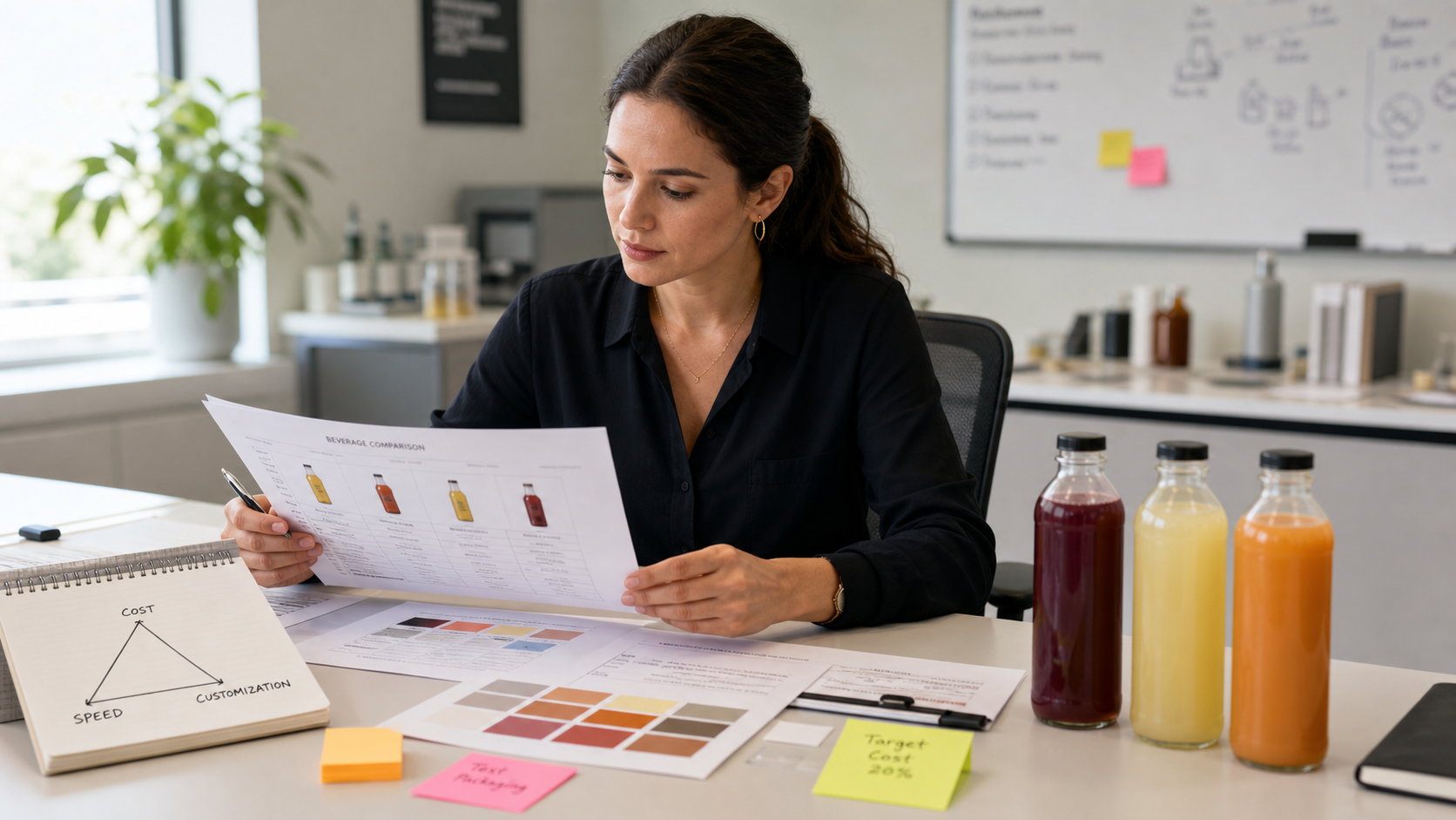 Product developer comparing cost, speed and customization across beverage manufacturing models