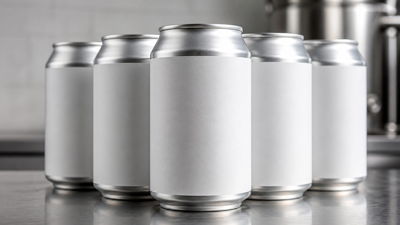 Close-up of canned drinks with generic labels ready for private label branding