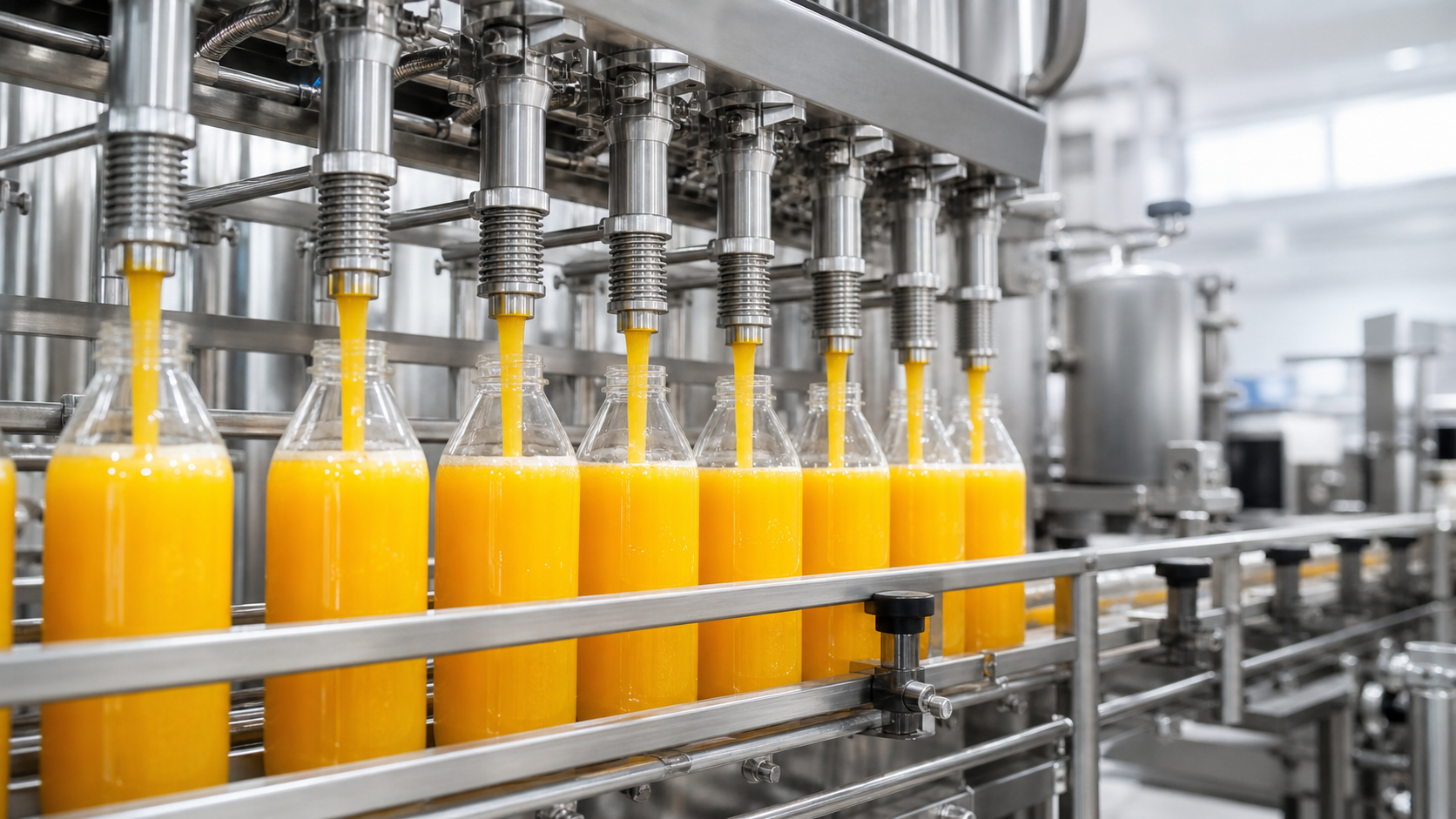 Production line filling juice bottles in a modern beverage facility