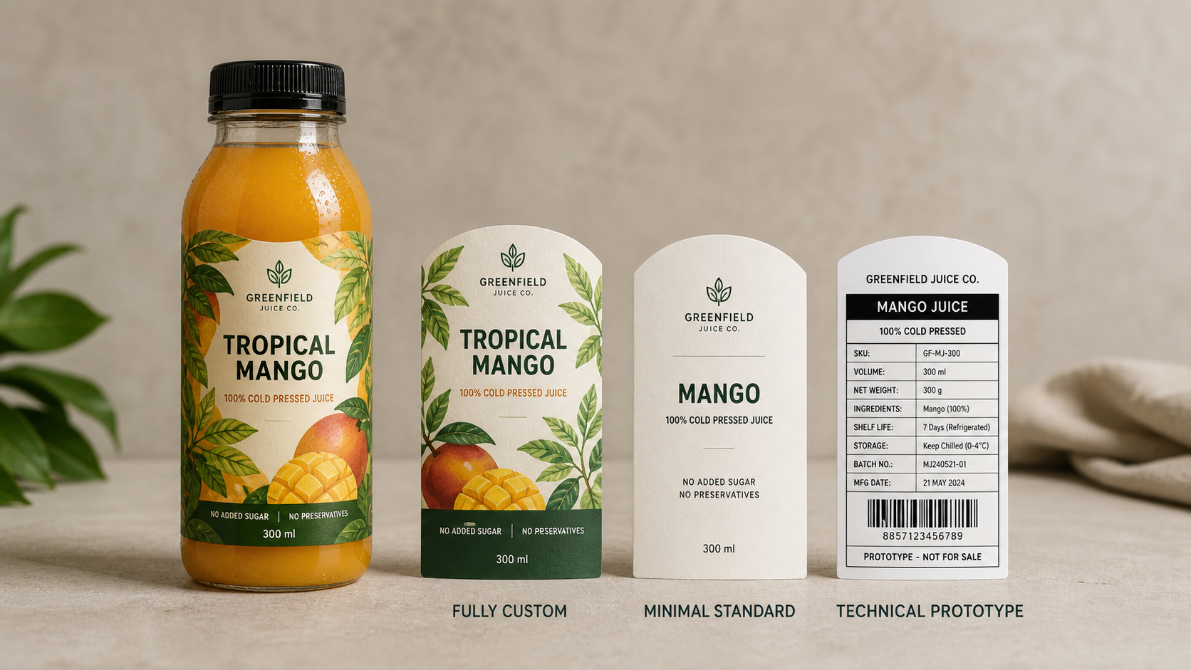 Close-up of juice label mockups comparing private, white label and OEM