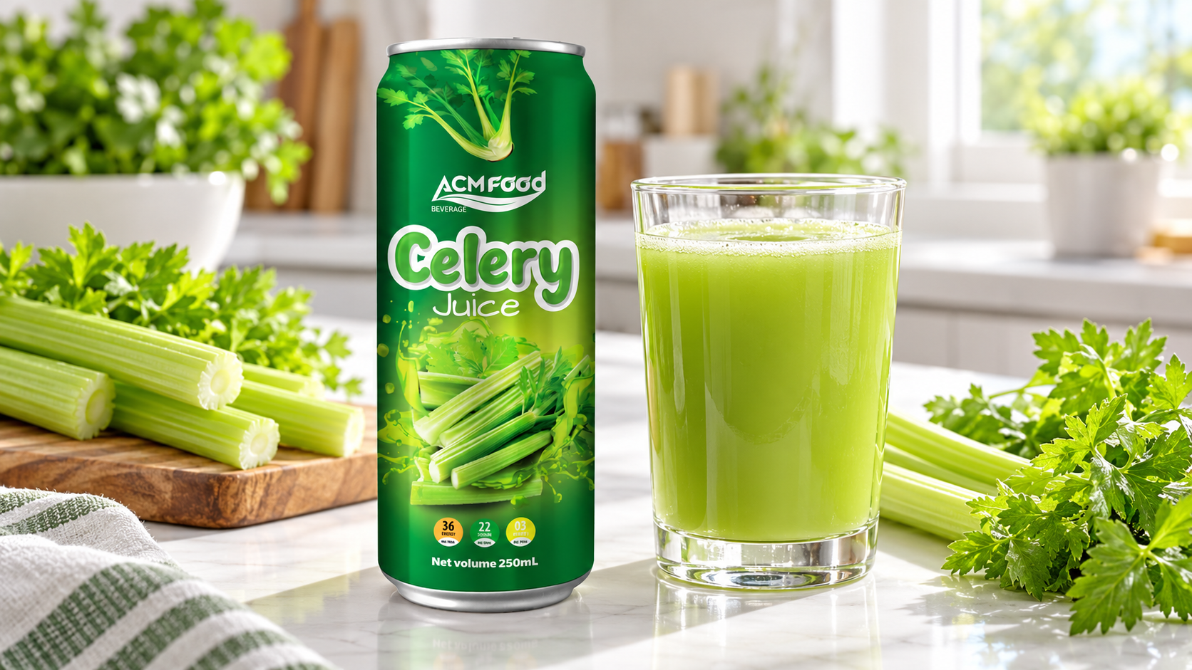 Glass of fresh pale green celery juice with whole celery stalks and leaves on a white kitchen counter, bright natural light, commercial food photography, landscape composition