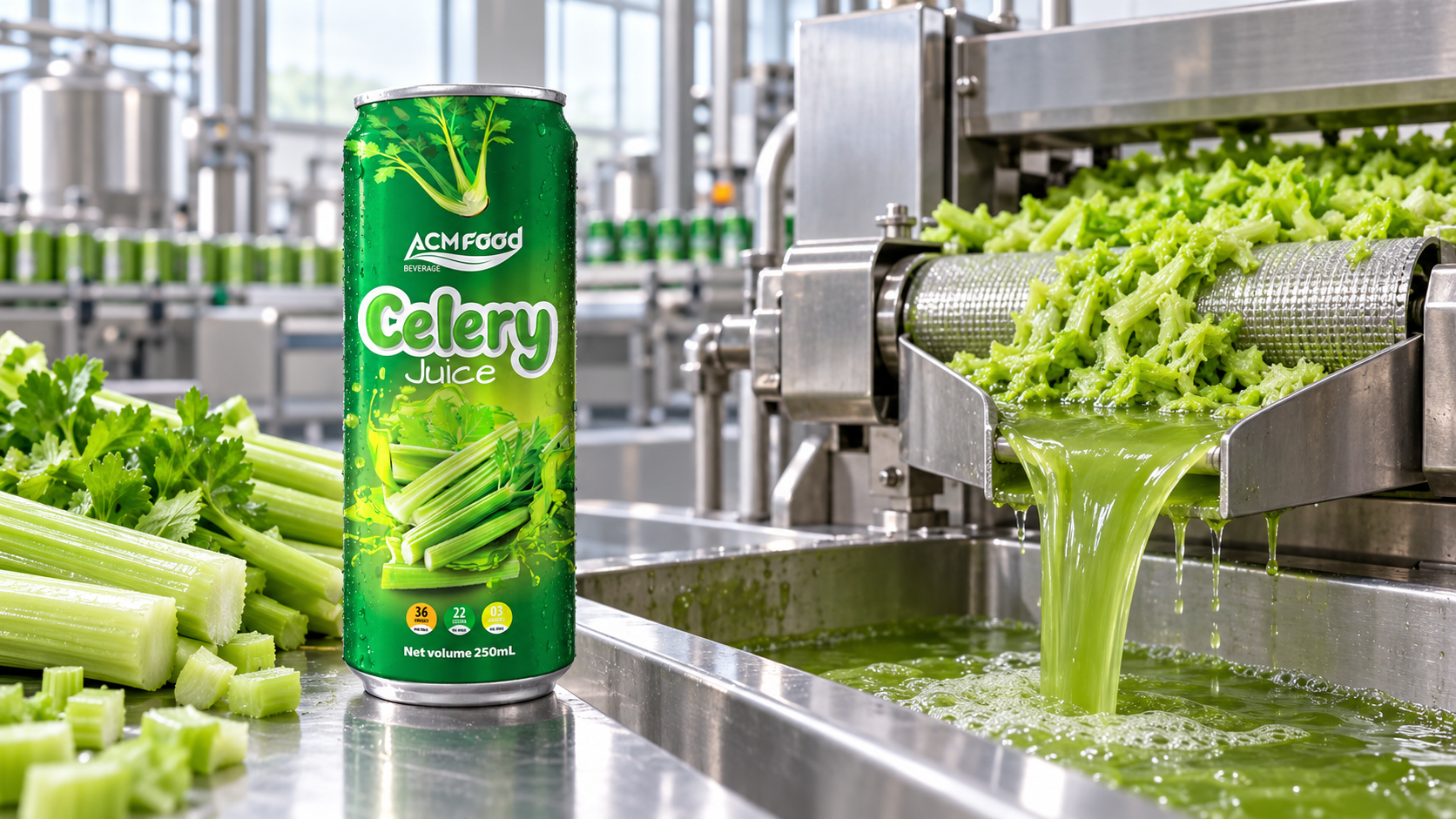 Stainless steel belt press extracting green juice from chopped celery in a clean modern food factory, no people, commercial industrial photography, landscape composition