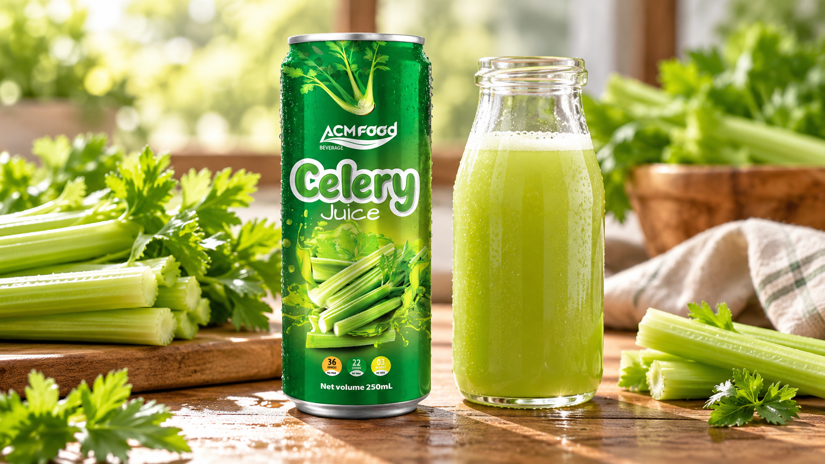 Slim aluminium can and clear glass bottle of pale green celery juice on a wooden table with celery stalks, soft natural light, commercial beverage photography, landscape composition