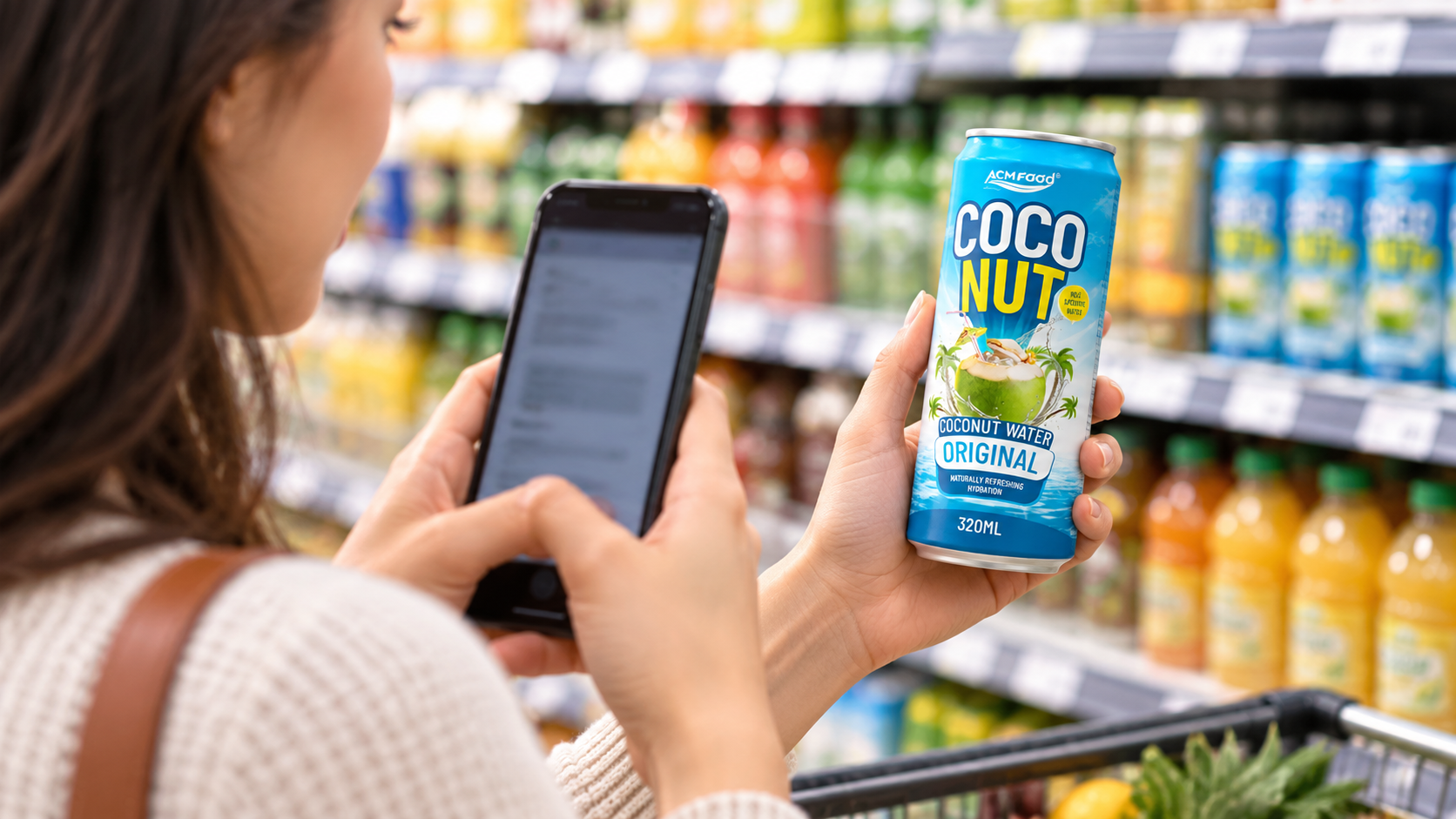 A person in a supermarket aisle holding a smartphone up to an unbranded bottle they are holding in the other hand, bright retail lighting, shallow depth of field on the bottle, realistic commercial lifestyle photography, landscape composition, phone screen not legible