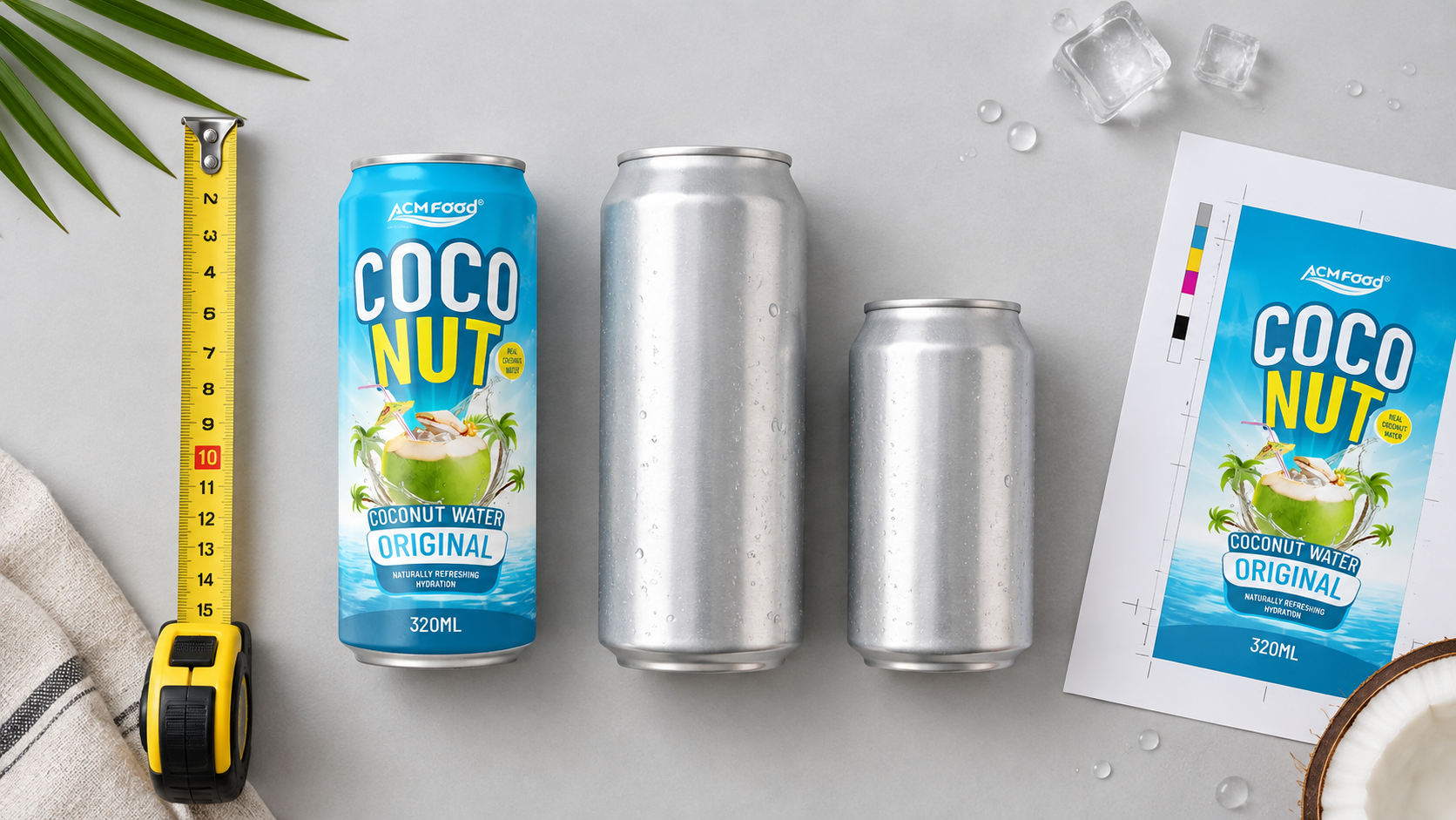 Overhead flat lay of three unbranded beverage cans of different sizes on a pale grey surface with a tape measure and a printed label proof beside them, even soft studio lighting, realistic commercial product photography, landscape composition, generous negative space