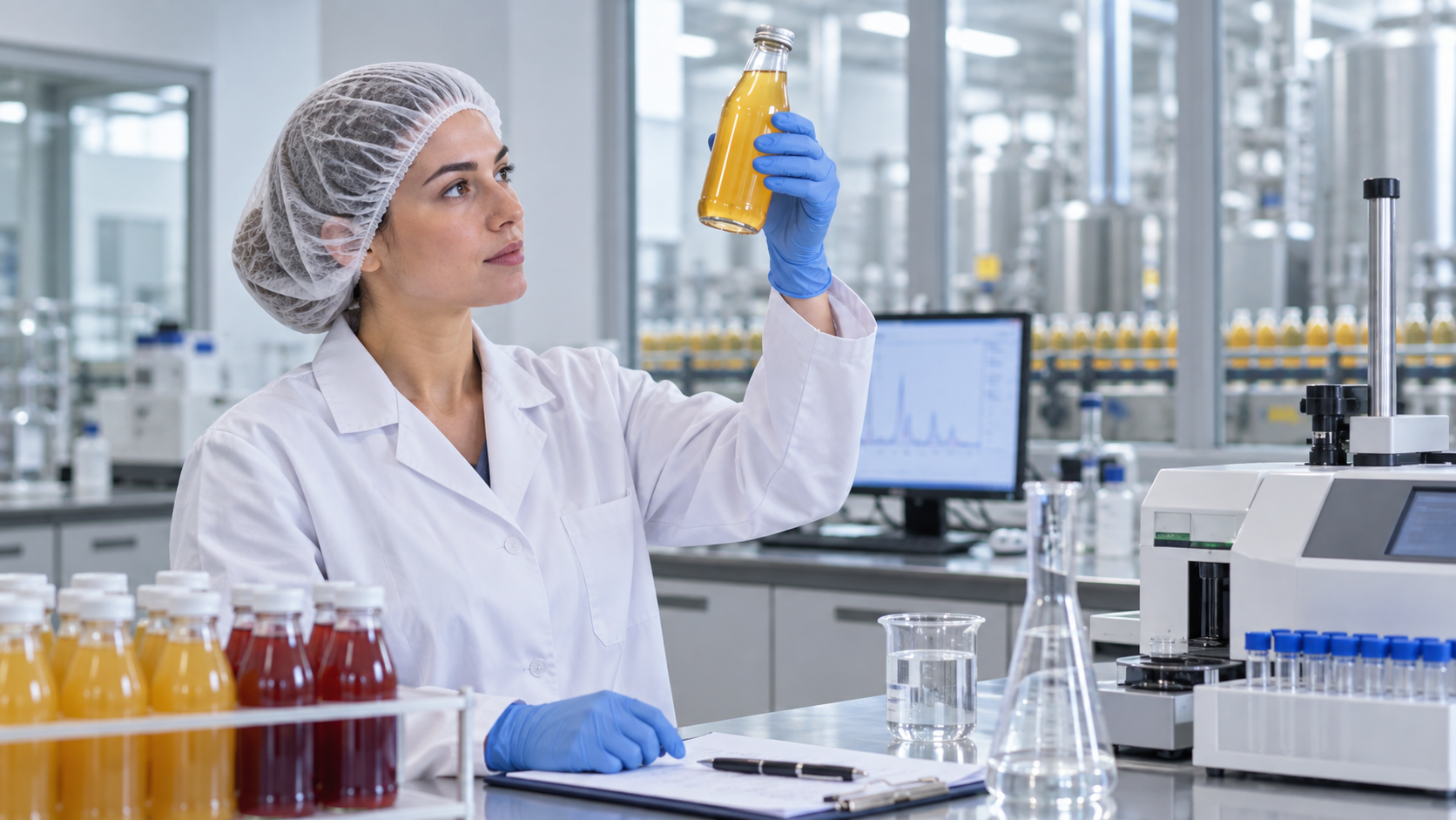 Quality control technician in a white coat and hairnet holding a filled beverage bottle up to the light beside laboratory instruments in a clean beverage testing laboratory, cool neutral lighting, realistic proportions, commercial industrial photography, landscape composition