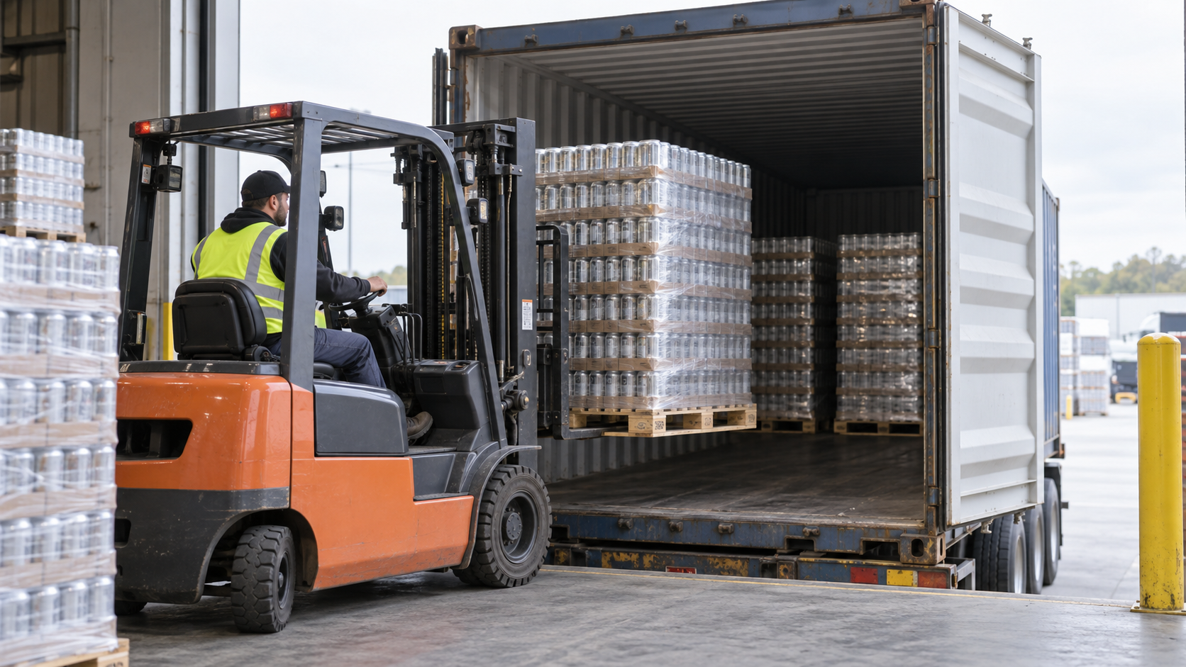 Palletised cases of unbranded canned beverages being loaded into a shipping container at a warehouse loading dock, forklift and open container doors visible, bright overcast daylight, realistic proportions, commercial logistics photography, landscape composition