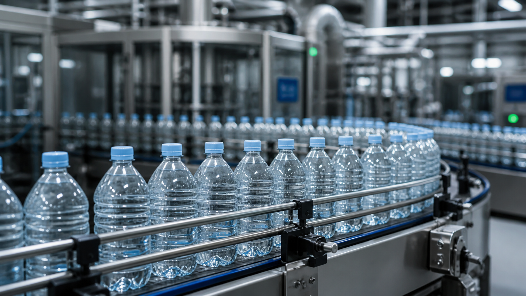 Filling line running transparent recycled PET bottles under soft diffused light