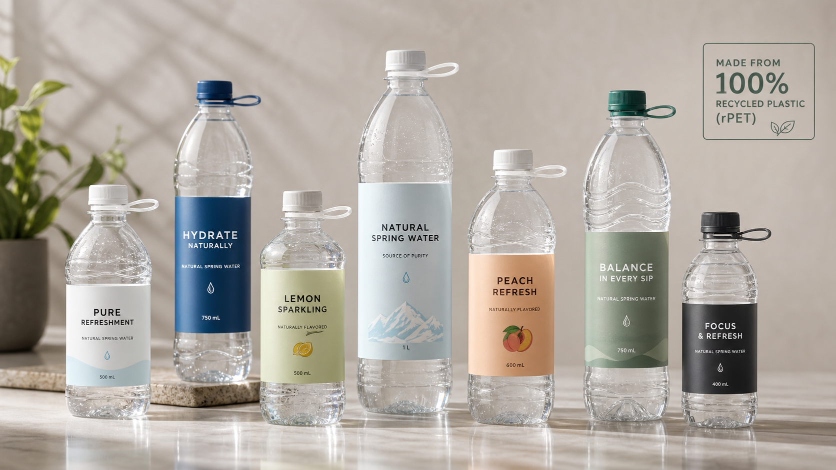 Range of rPET beverage bottles with labels and tethered caps