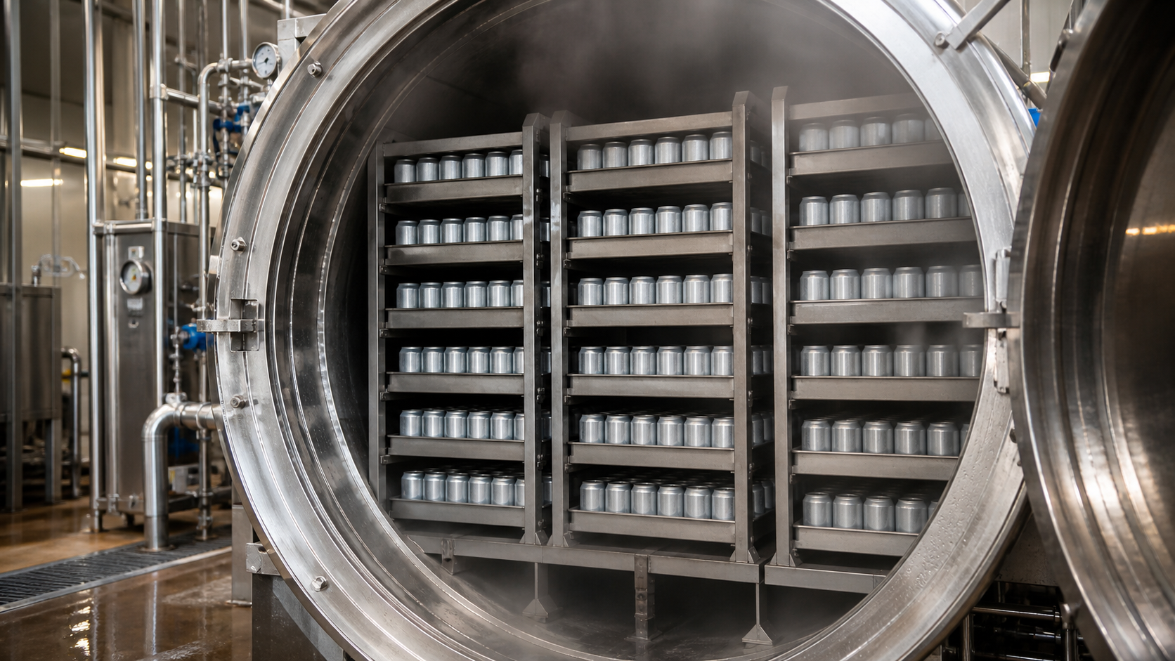 Rows of canned drinks inside an industrial retort