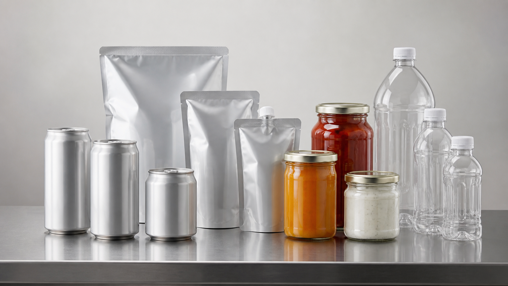 Assorted beverage cans, pouches and glass jars for retorting