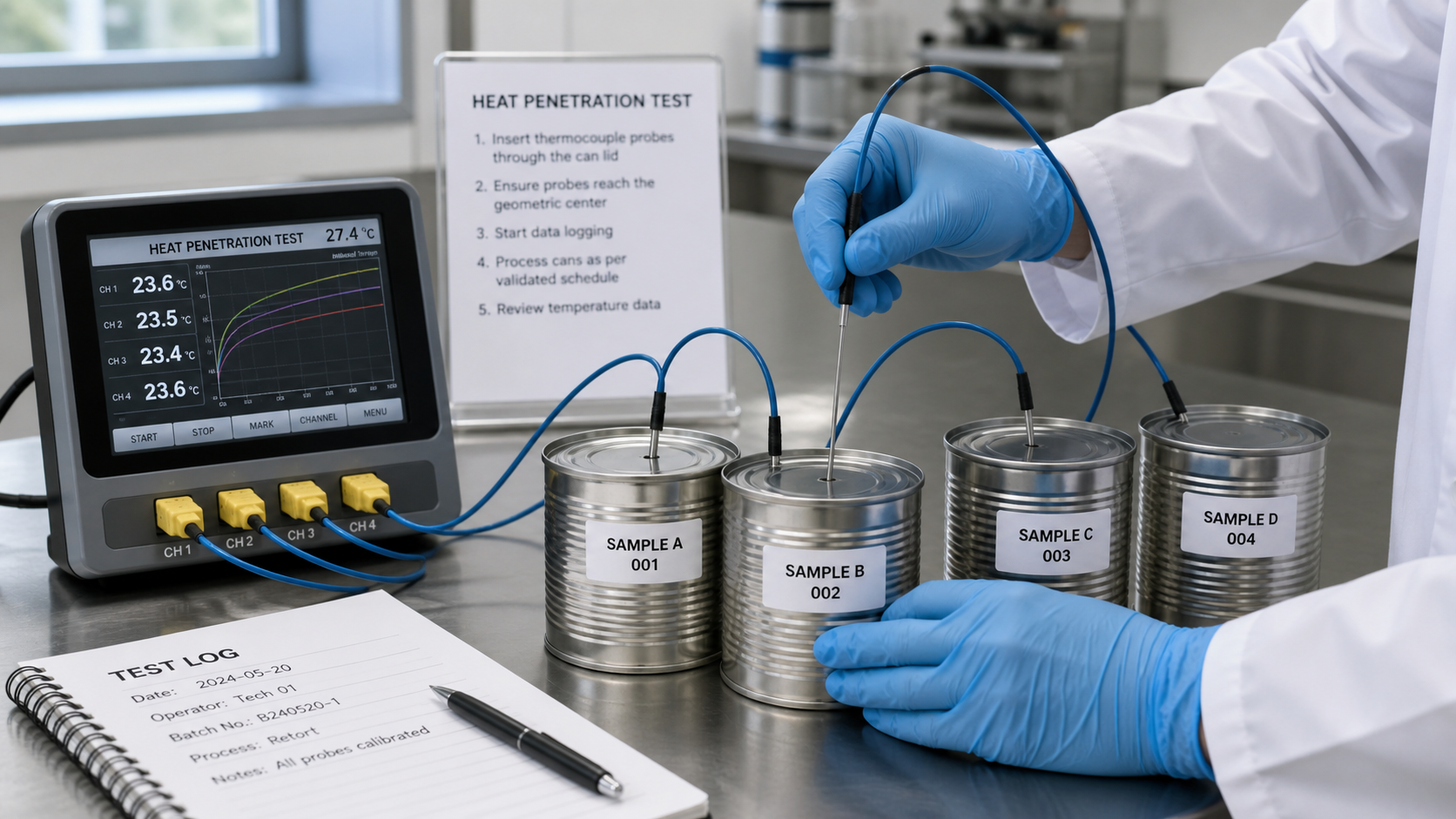 Technician placing thermocouples for heat penetration testing in beverage cans