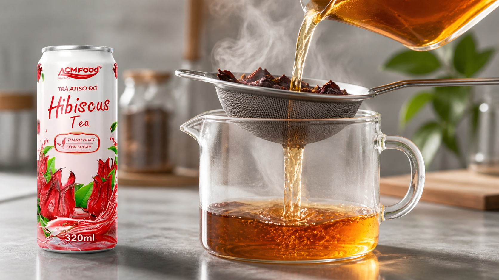 Loose tea leaves and hot brew being filtered for clarity