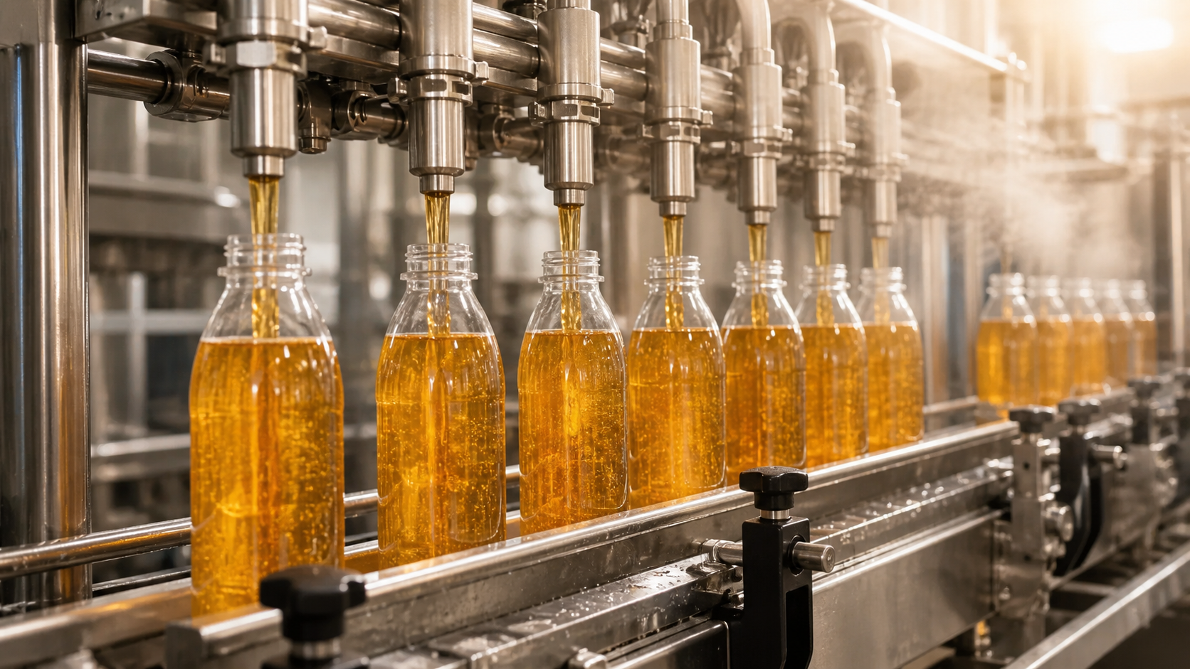 Bottling line filling RTD tea under warm lighting