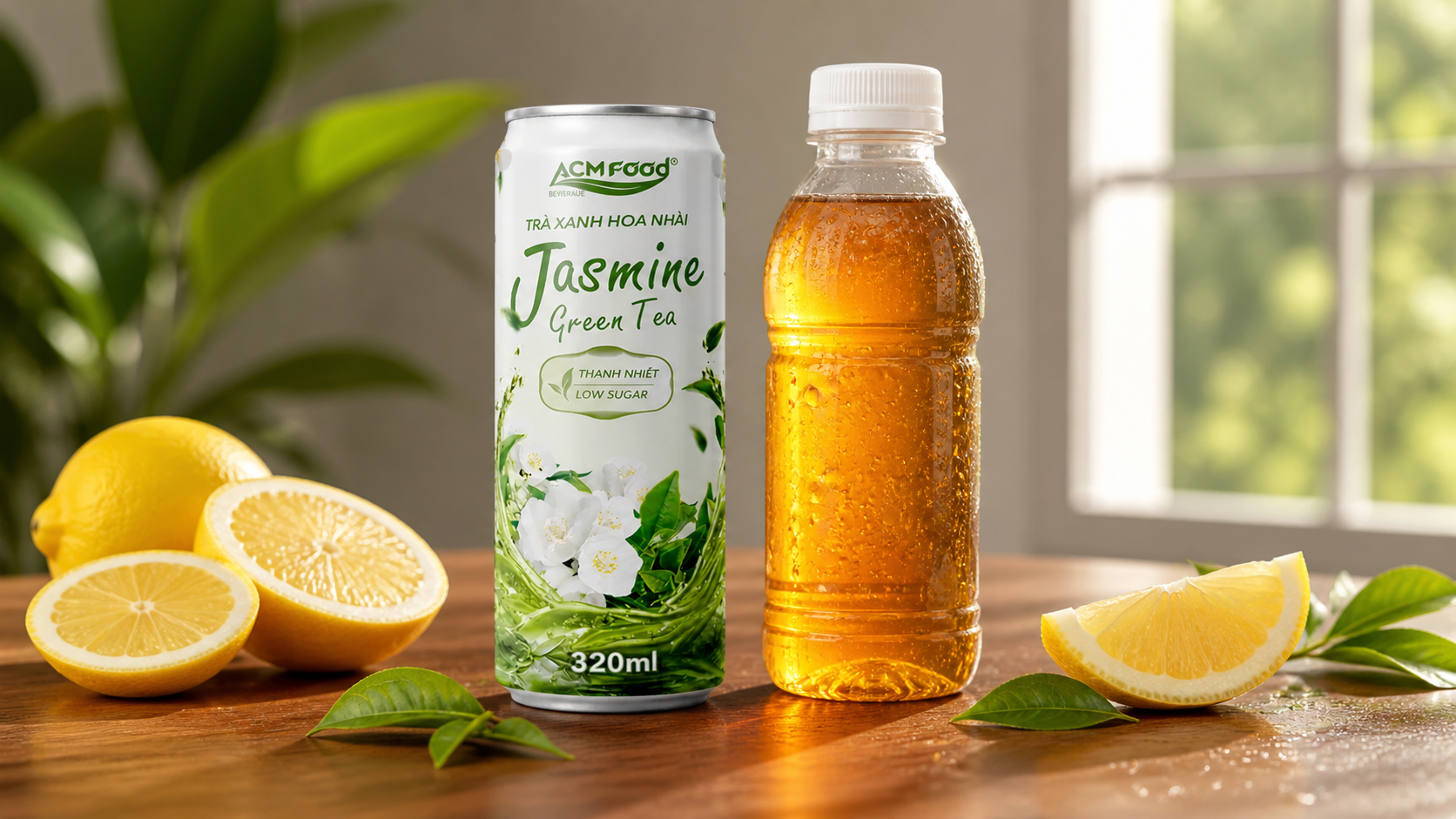 Clear lemon iced tea in PET bottle on table