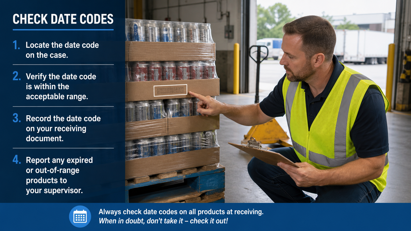 Retail receiver checking beverage date codes at warehouse dock