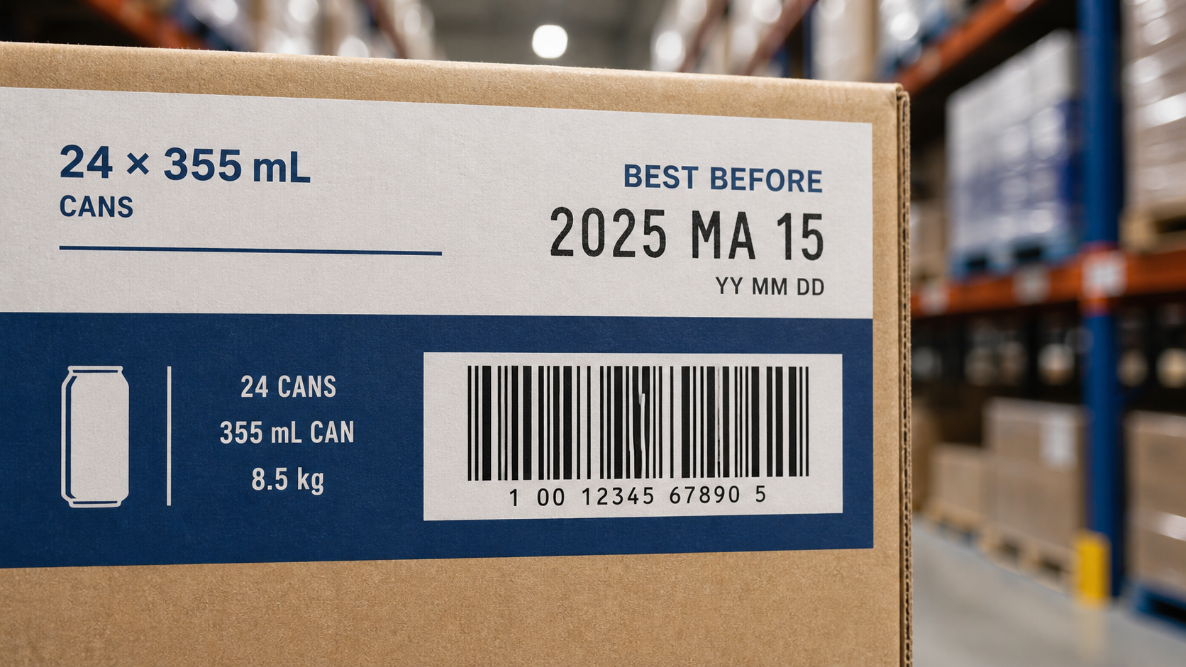 Close-up of case label showing best-before date on beverage carton