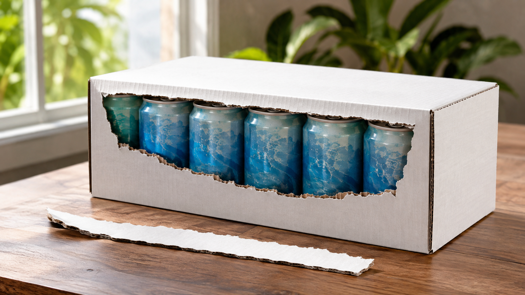 Corrugated beverage case with a tear-strip opening partially removed, revealing canned drinks inside, natural window light, commercial packaging photography, landscape composition