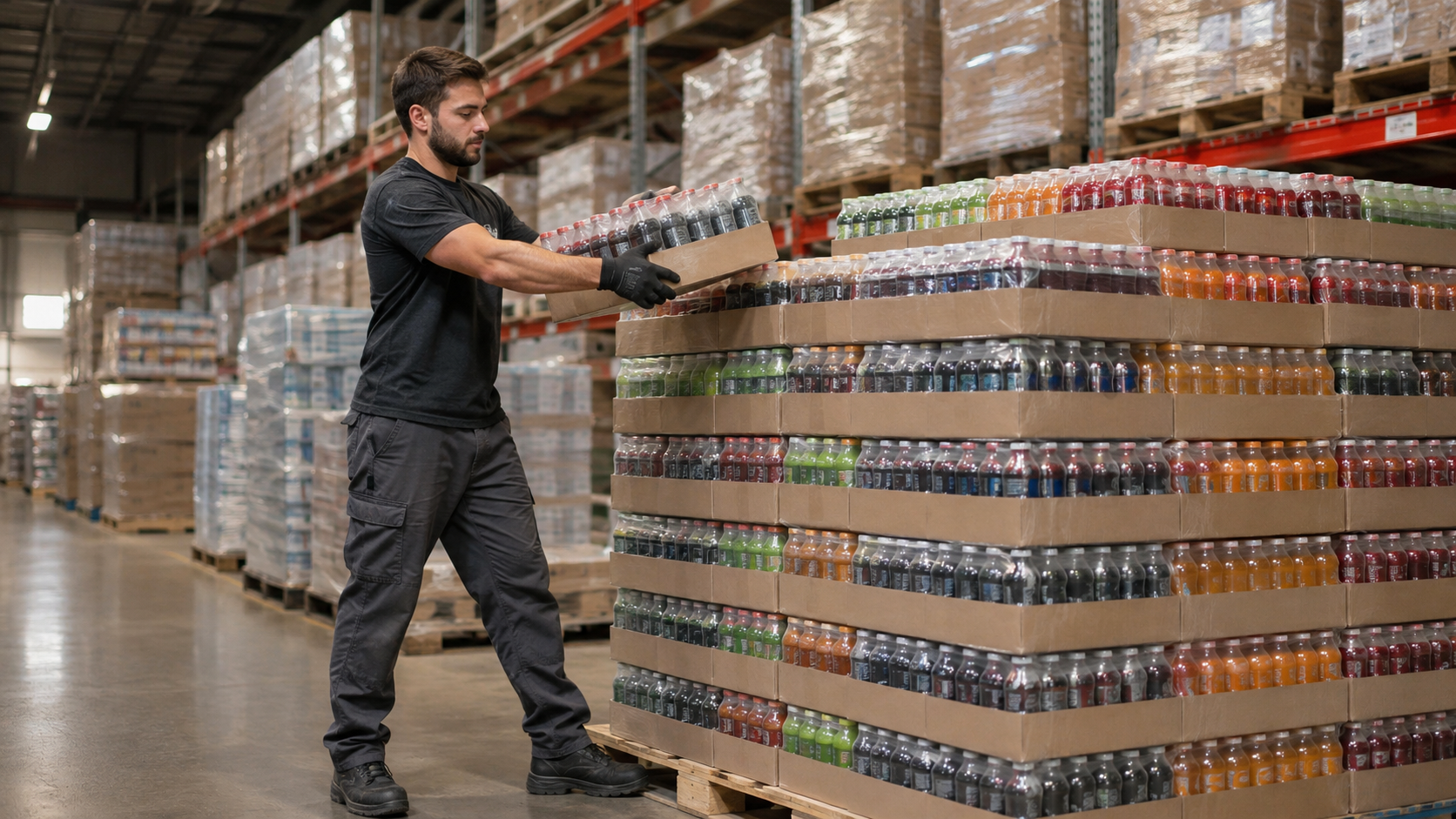 Warehouse worker stacking printed shelf-ready beverage cases onto a pallet, industrial lighting, commercial logistics photography, landscape composition