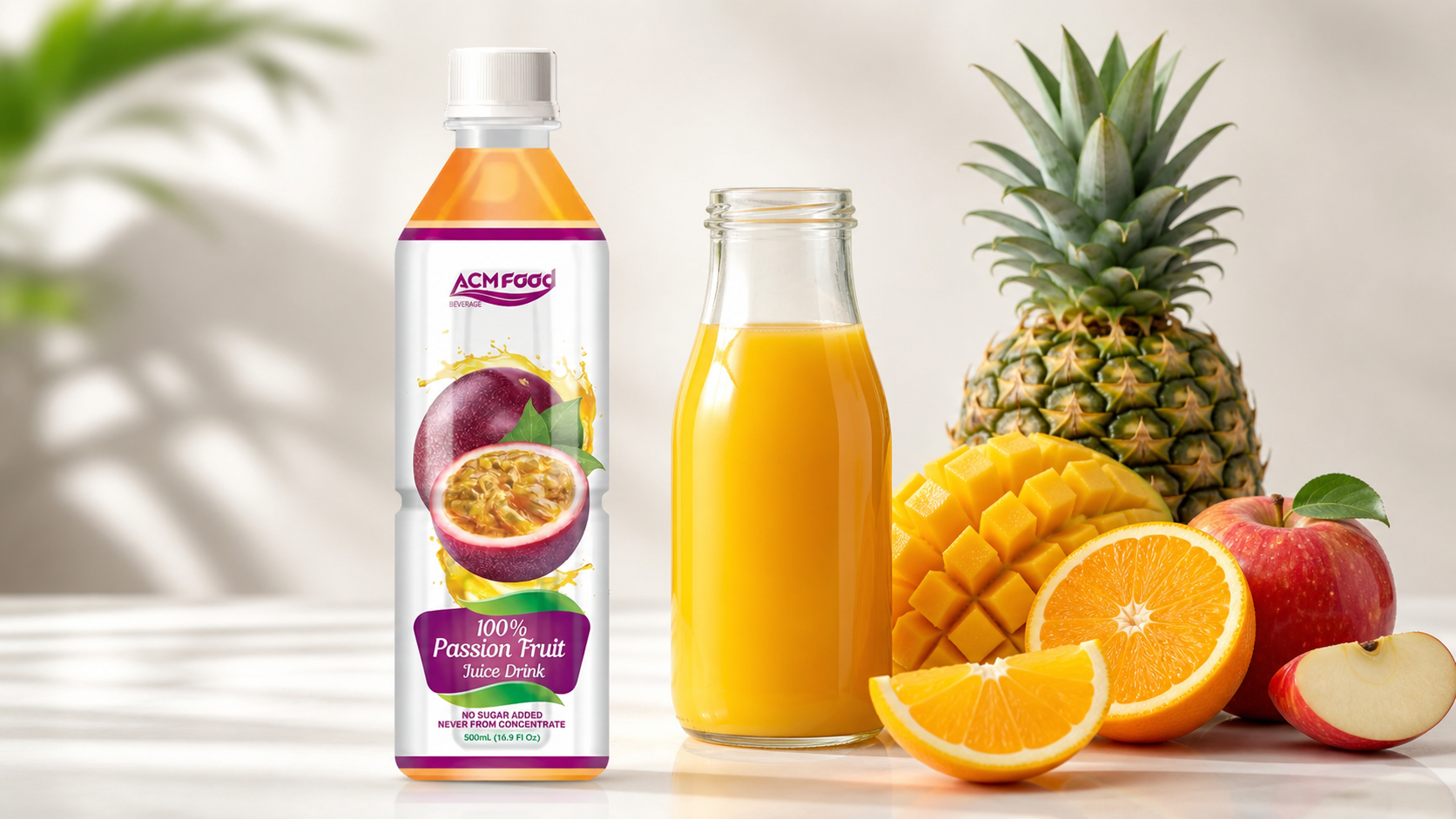 Fresh assorted fruits and a clear bottle of shelf stable juice