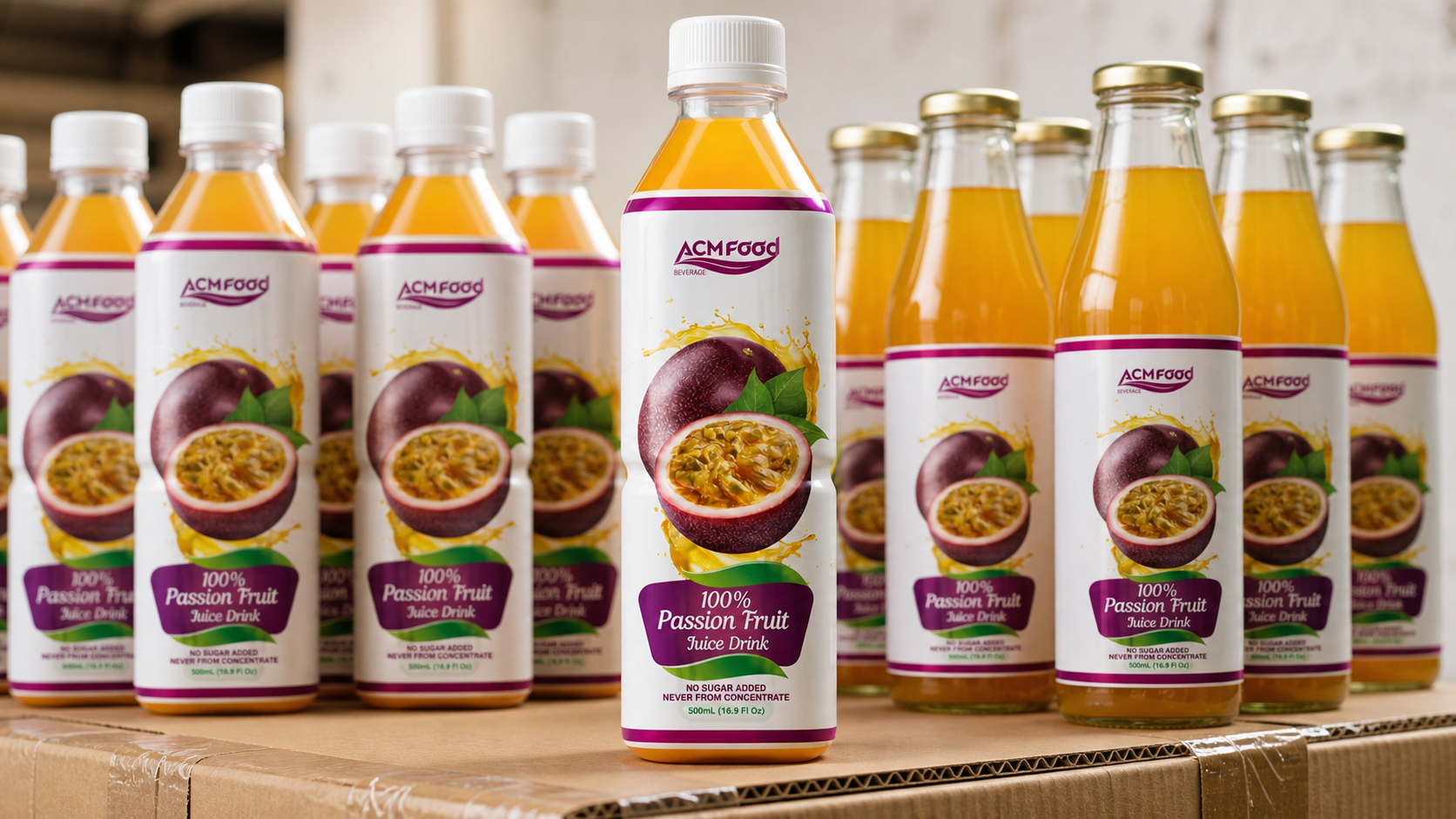 Close-up of sealed PET and glass juice bottles for export