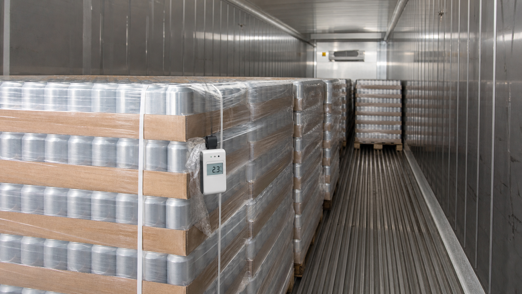 Ambient beverage cans on pallets inside a temperature-controlled shipping container