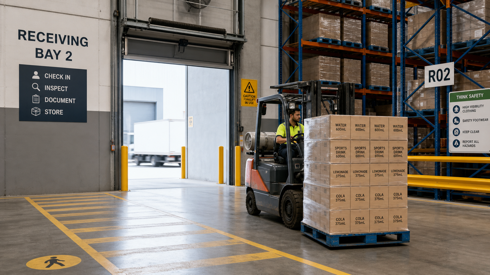 Customs-cleared beverage cartons arriving at an Australian distribution warehouse