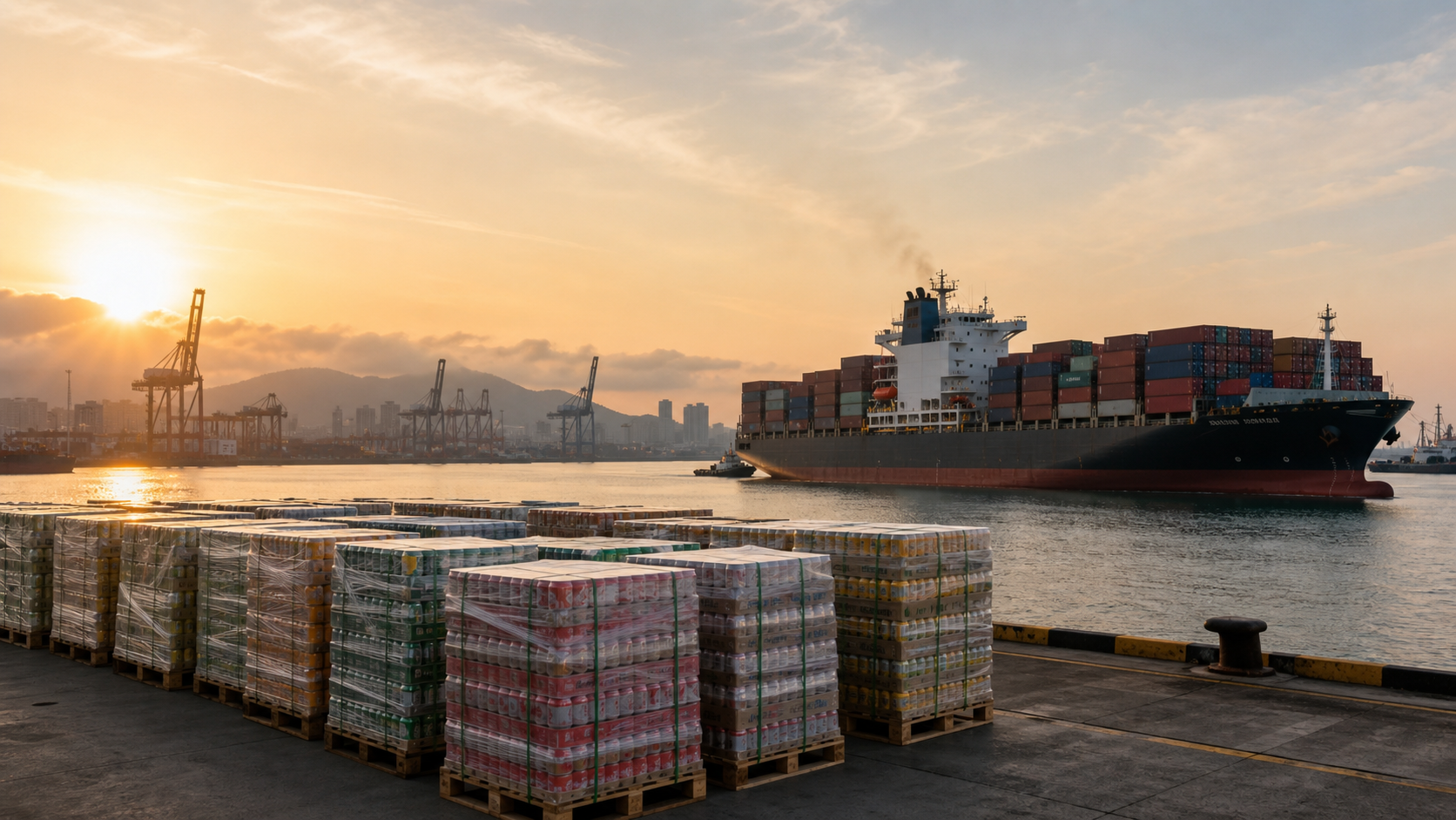 Container ship departing Vietnam carrying palletized beverage cartons for Canada
