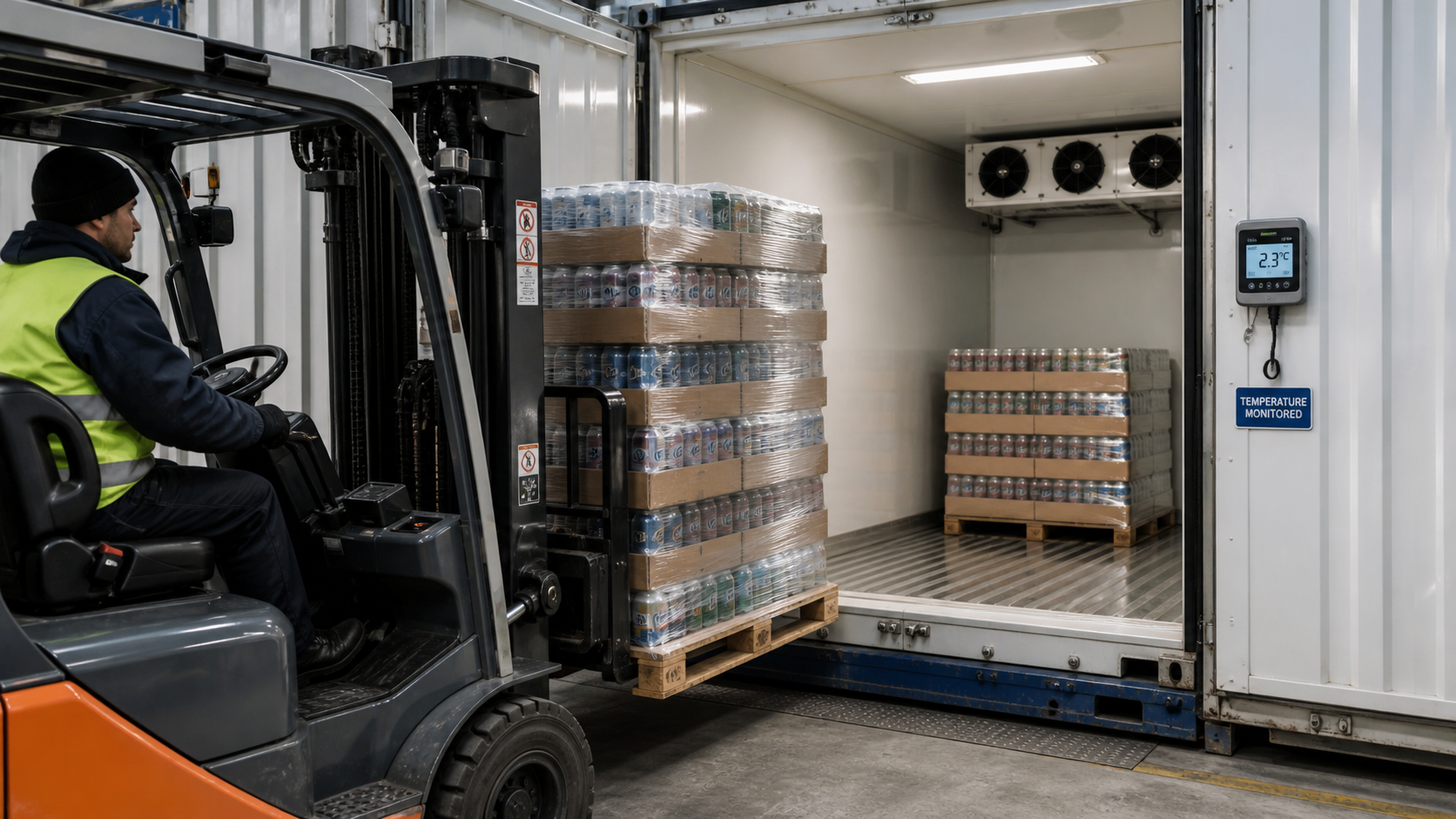 Forklift loading shrink-wrapped beverage pallets into a clean reefer container