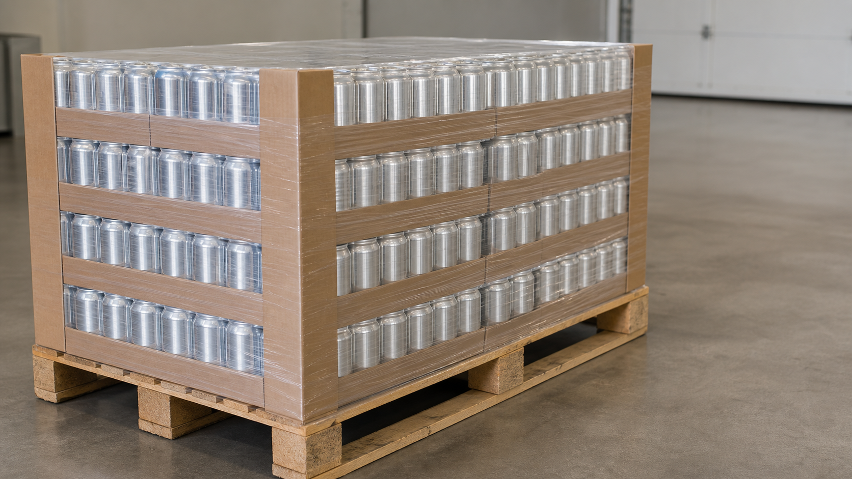 Close-up of unbranded canned drinks stacked on export pallets