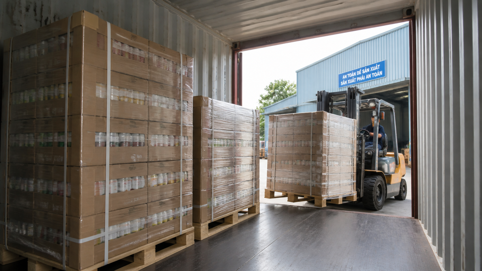Palletized beverage cartons loaded into a shipping container in Vietnam