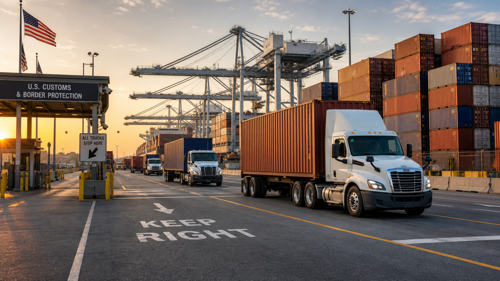Customs clearance and drayage trucks moving beverage freight at a US port