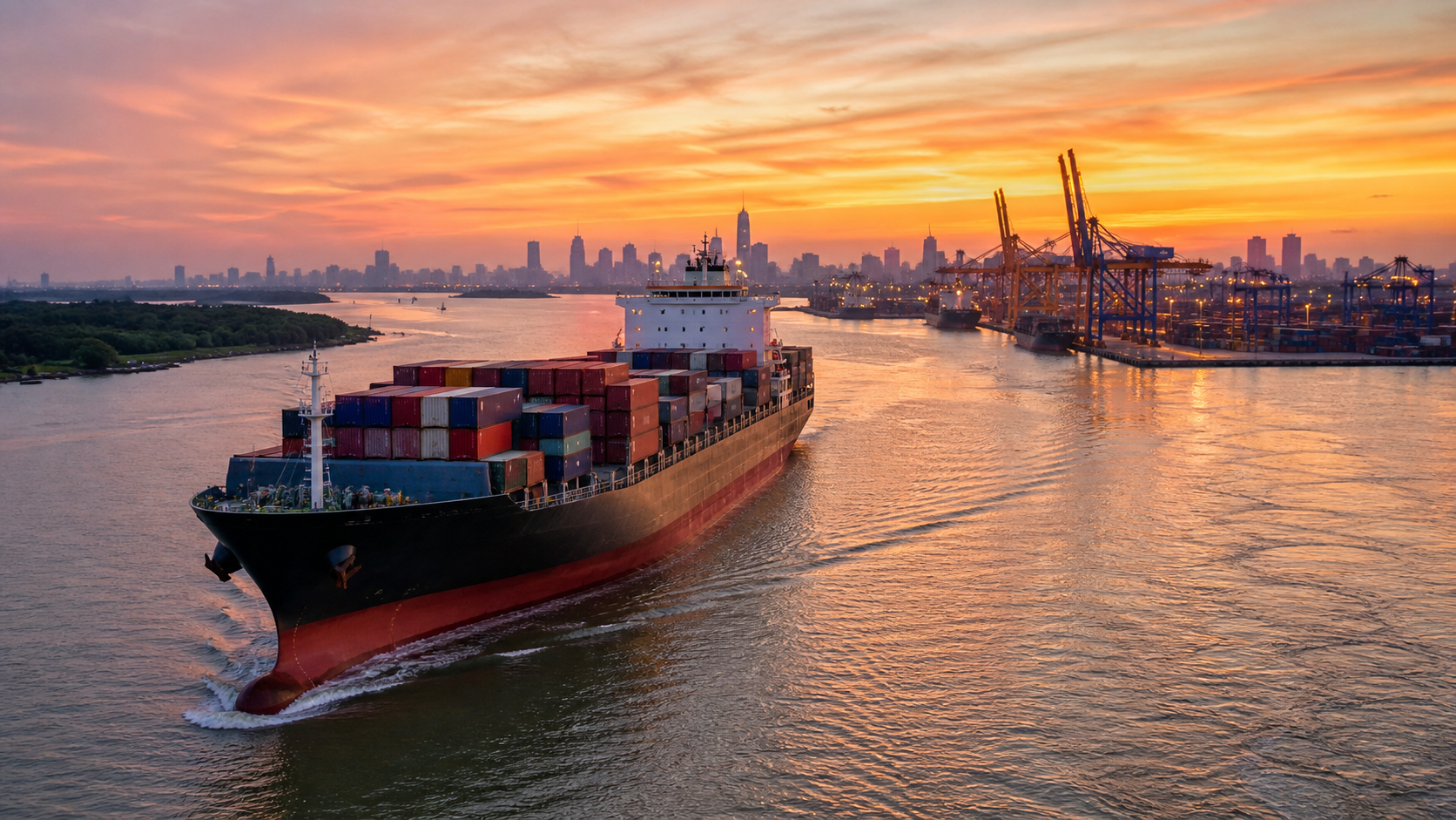 Container ship departing Ho Chi Minh City with cranes and containers at dusk